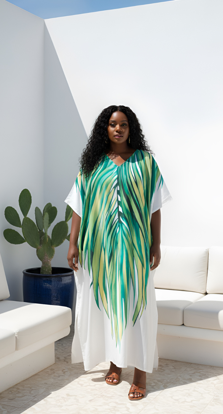 Tropical Leaf Green & White Polyester Caftan Dress for Women