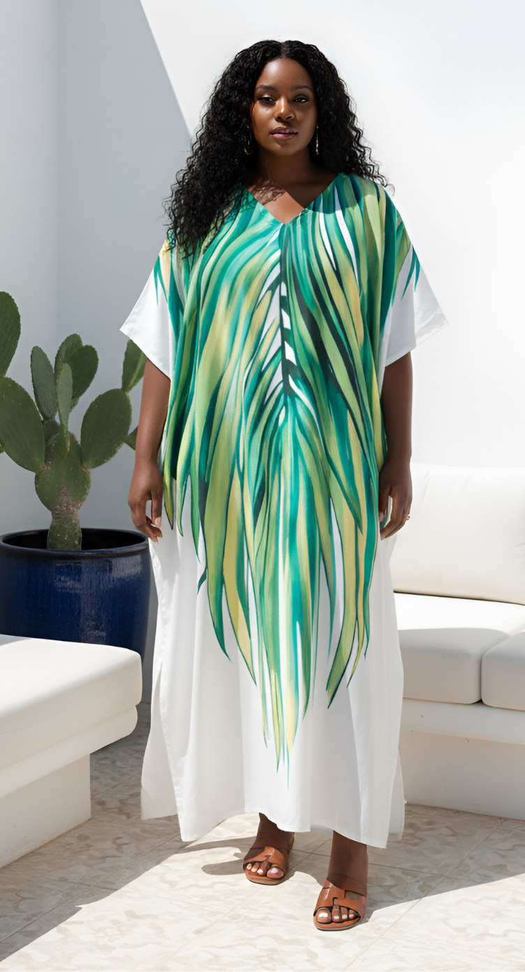 GypsieBlu Green Polyester Plus Size Kaftan for Women Kimono Sleeve 1X-3X - Radiating Palm Leaf Print