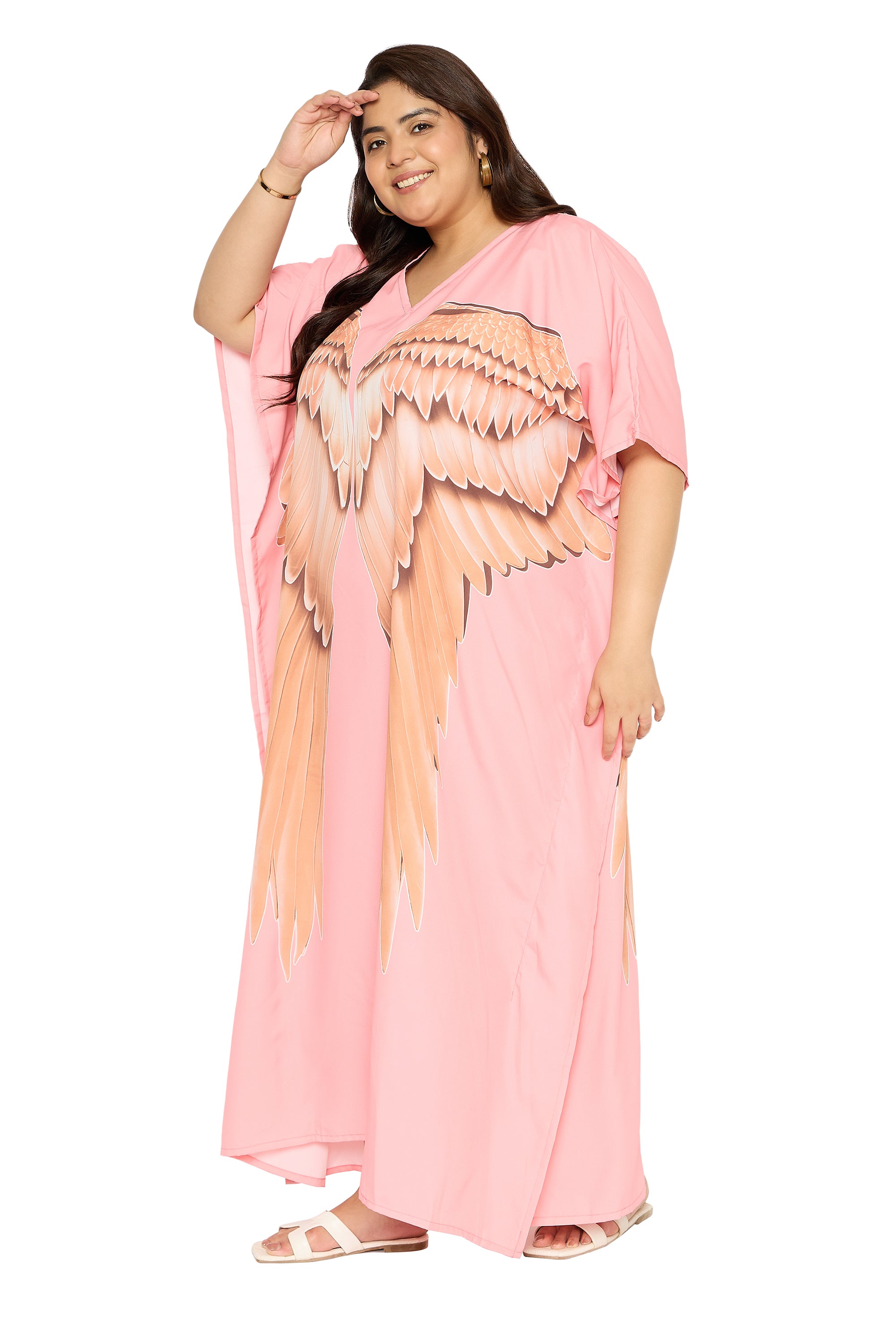 Angel Wings Baby Pink Polyester Plus Size Loungewear Kaftan for Women