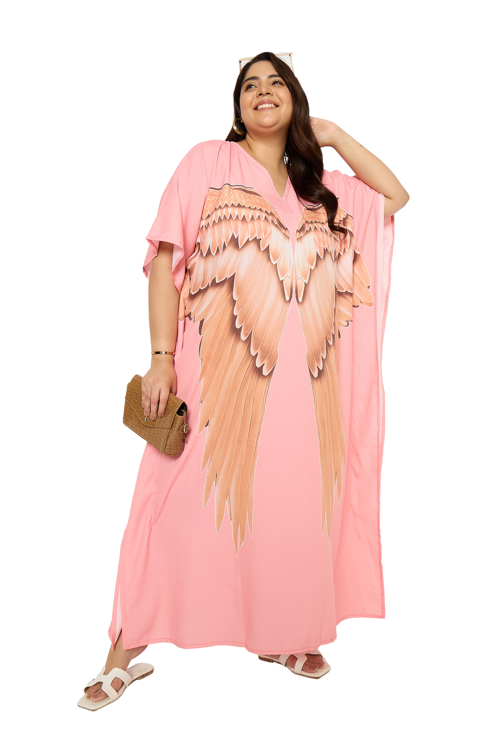 Angel Wings Baby Pink Polyester Plus Size Loungewear Kaftan for Women