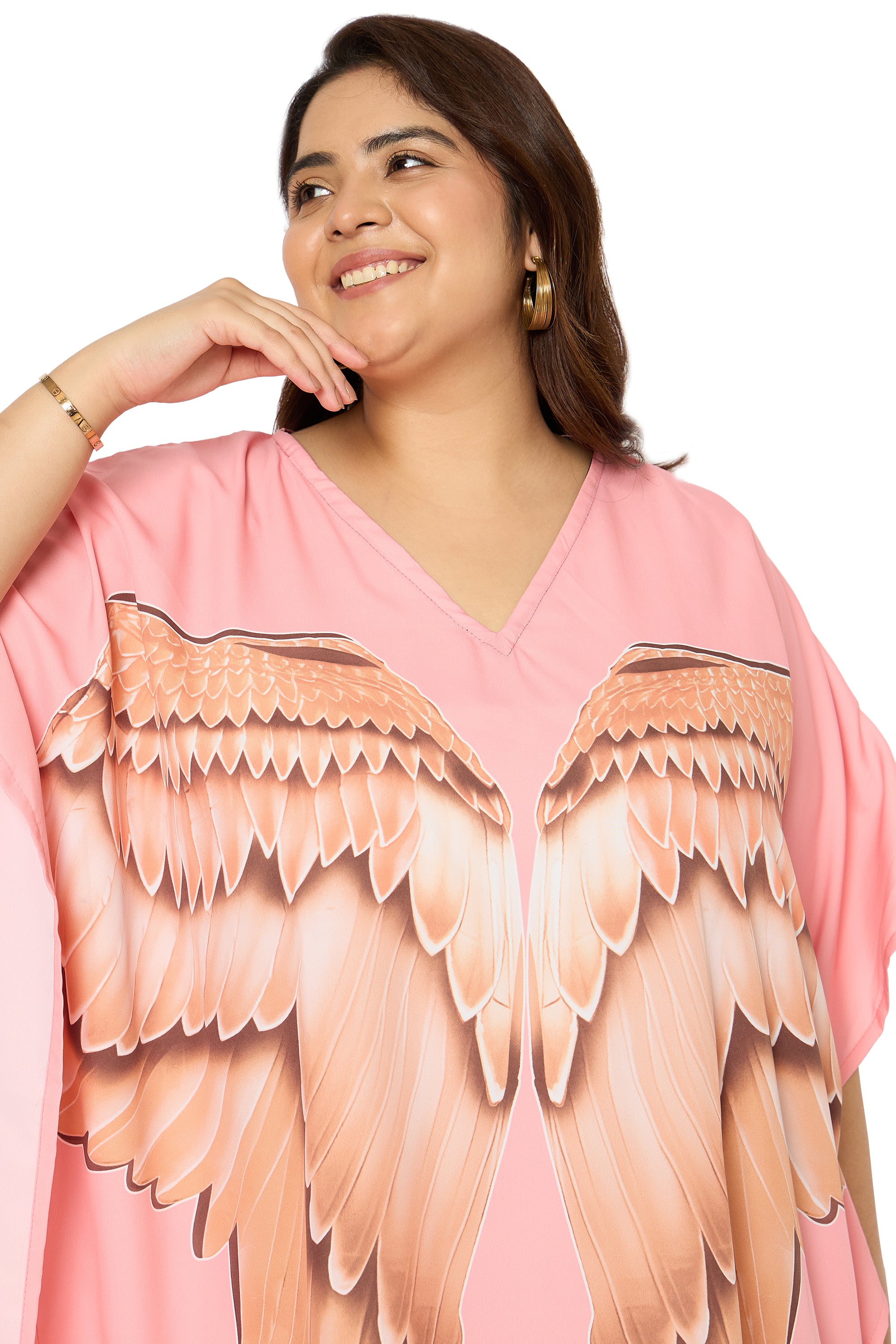 Angel Wings Baby Pink Polyester Plus Size Loungewear Kaftan for Women