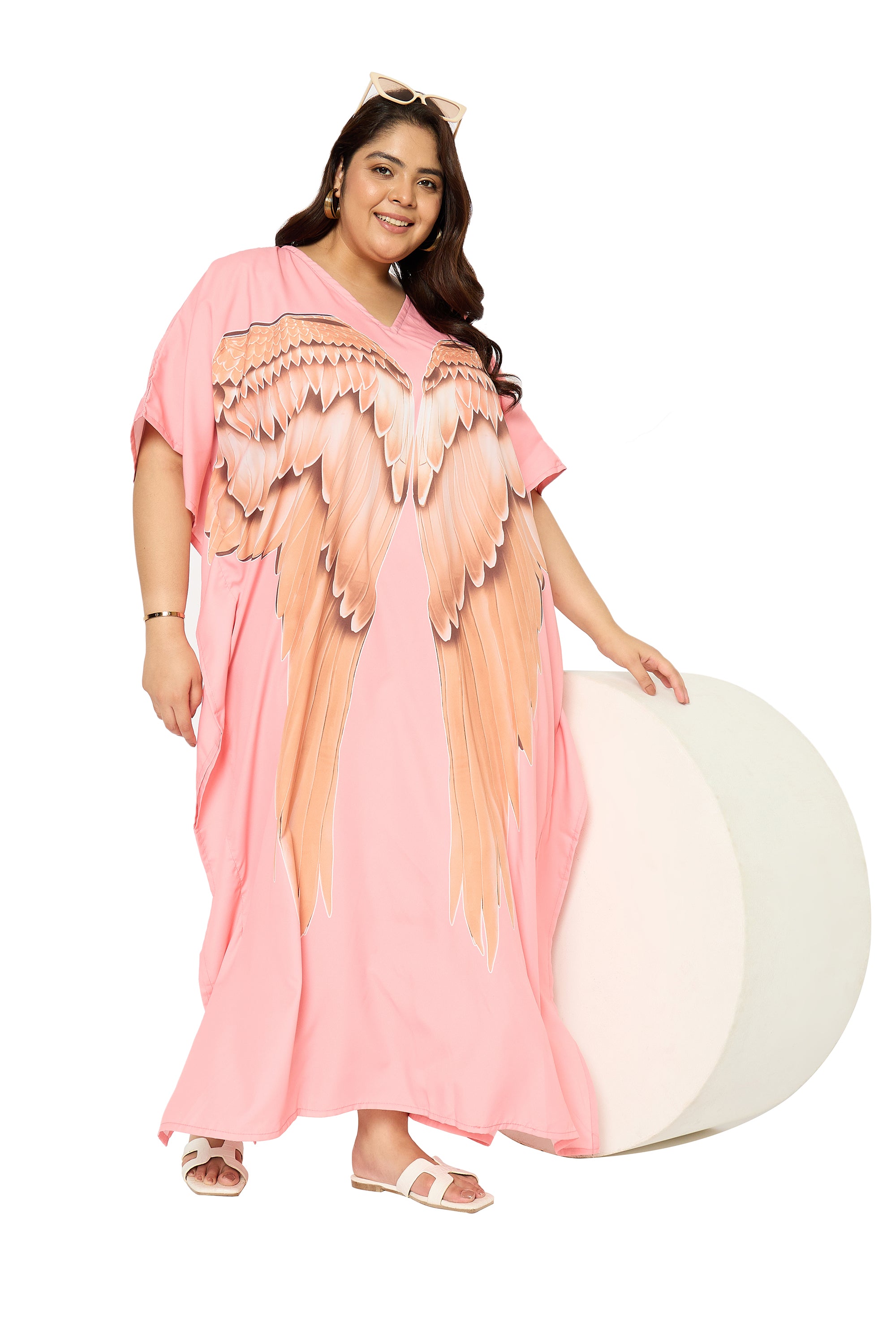 Angel Wings Baby Pink Polyester Plus Size Loungewear Kaftan for Women