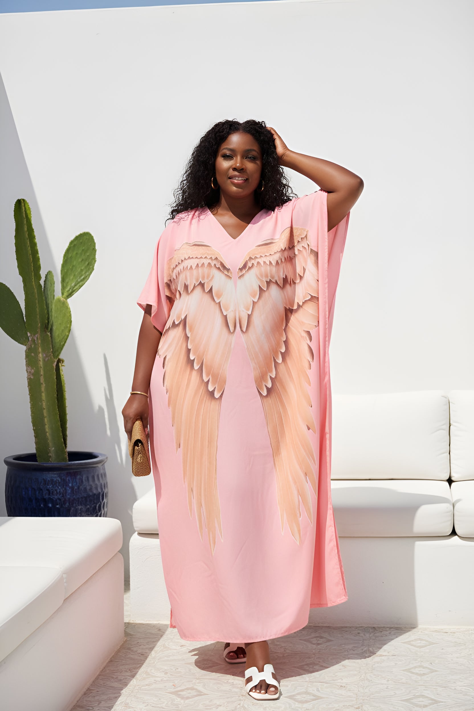 Angel Wings Baby Pink Polyester Plus Size Loungewear Kaftan for Women
