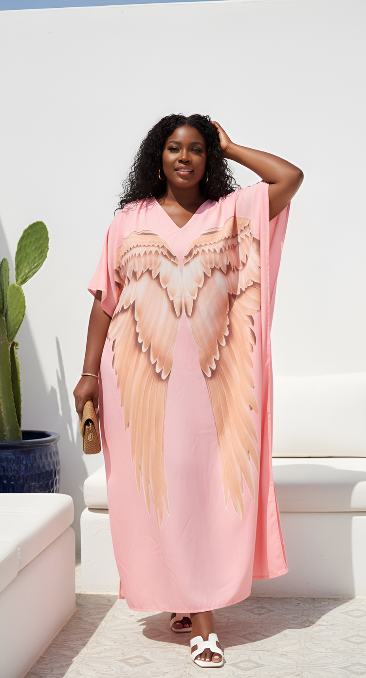 Angel Wings Baby Pink Polyester Plus Size Loungewear Kaftan for Women