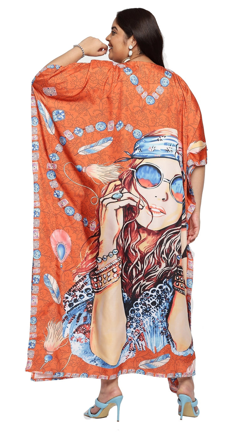 Orange polyester plus size kaftan with bohemian girl portrait print and kimono sleeves — alternate view