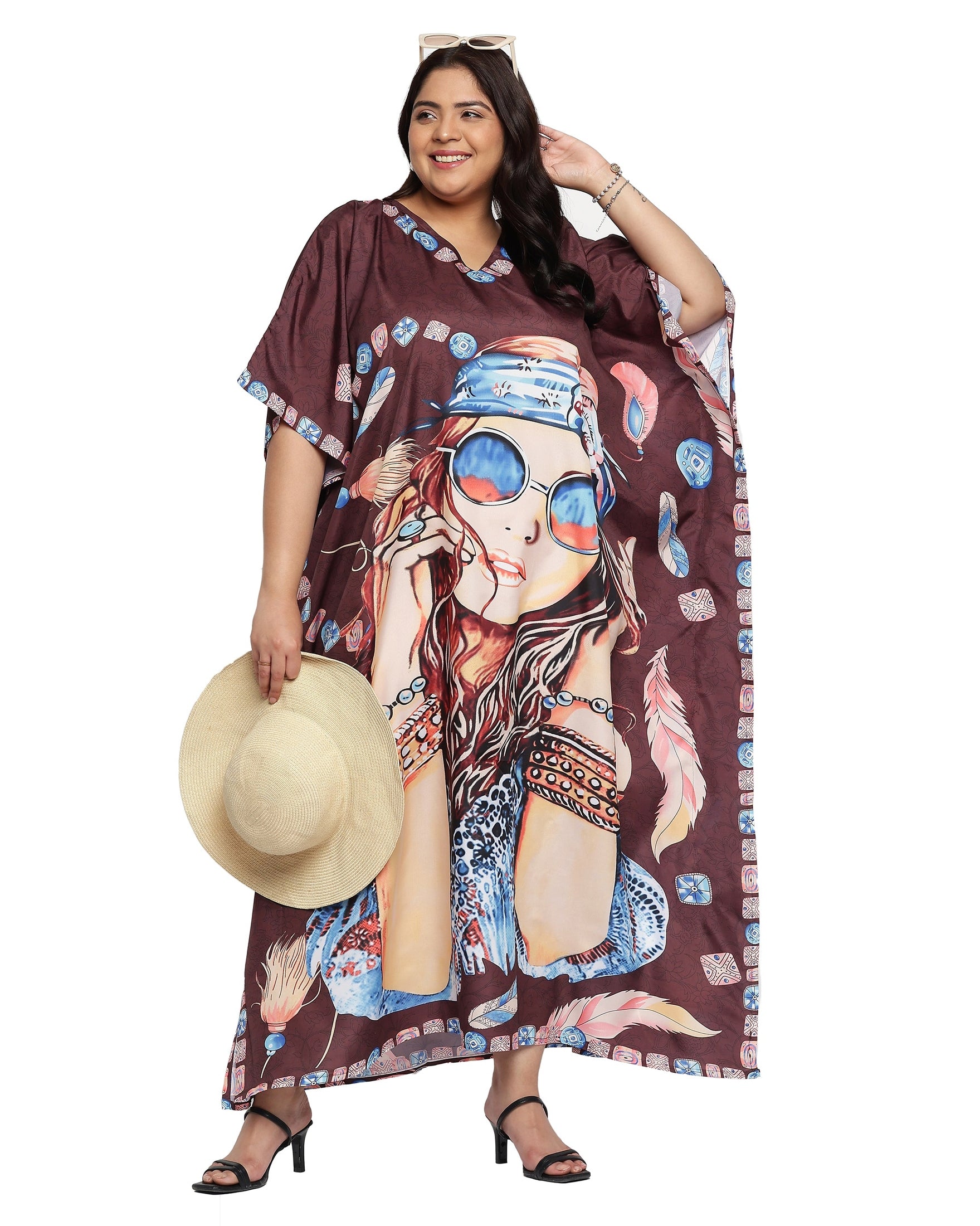 Brown Polyester Lady Print Plus Size Kaftan Dress for Women