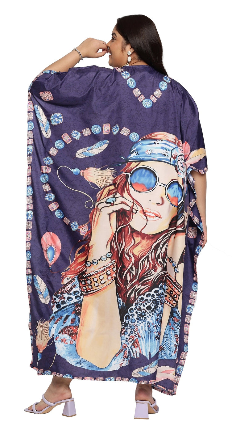 Navy Blue Lady Print Polyester Women Plus Size Kaftan Elegant Dress - SKU SG152-9031 - Gypsie Blu