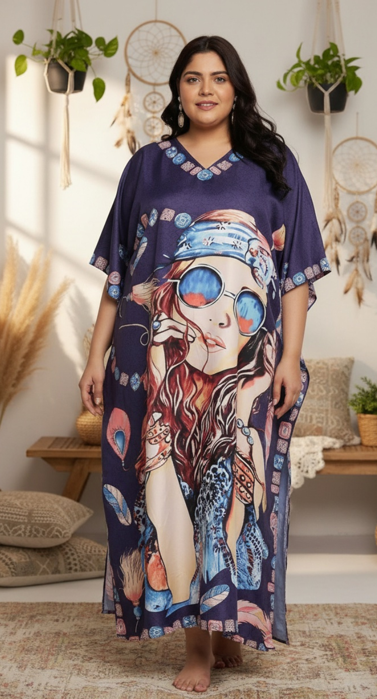 Lady Print Polyester Navy Blue Women Plus Size Beach Caftan Dress