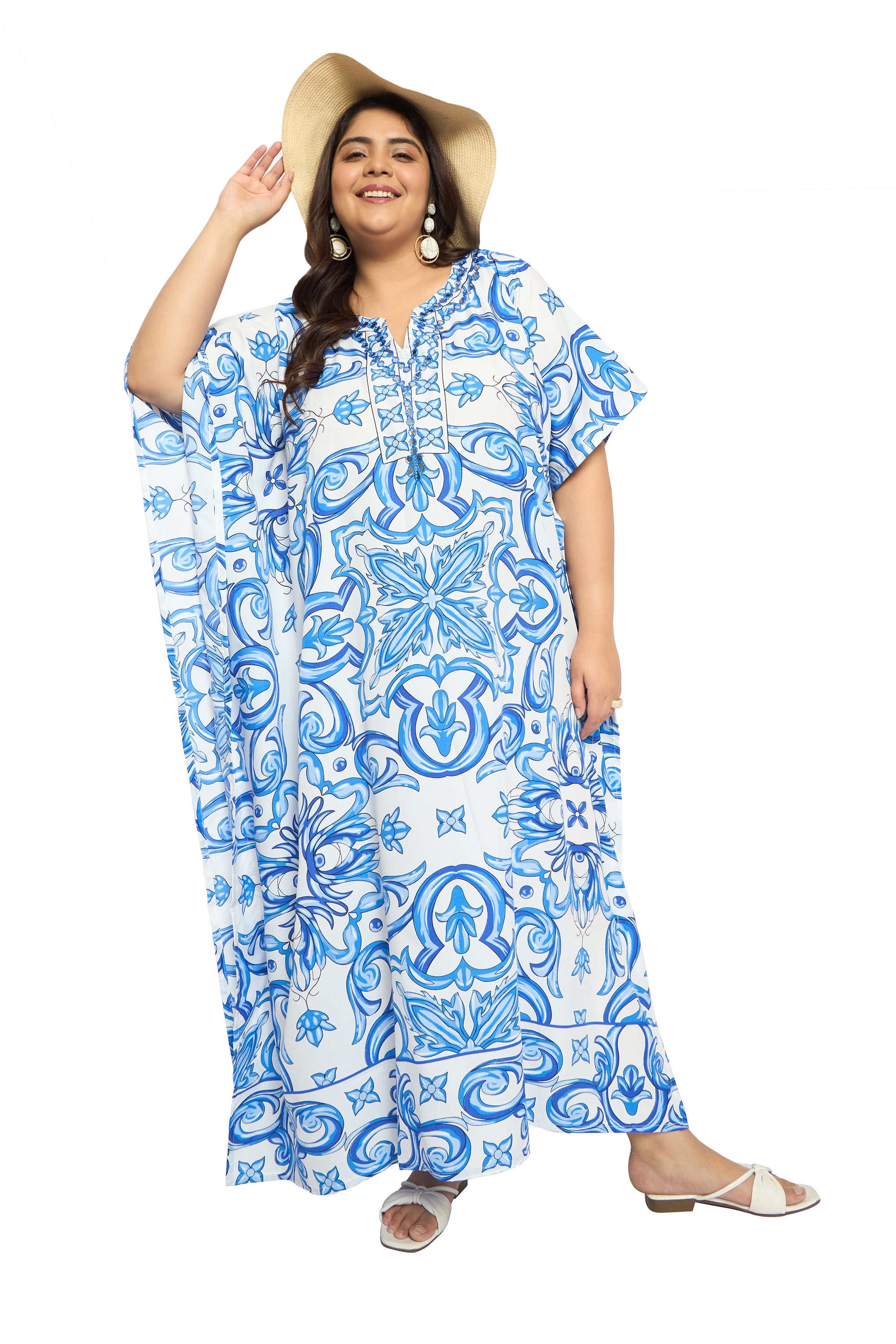 Porcelain White & Sky Blue Polyester Women Plus Size Kaftan Dress