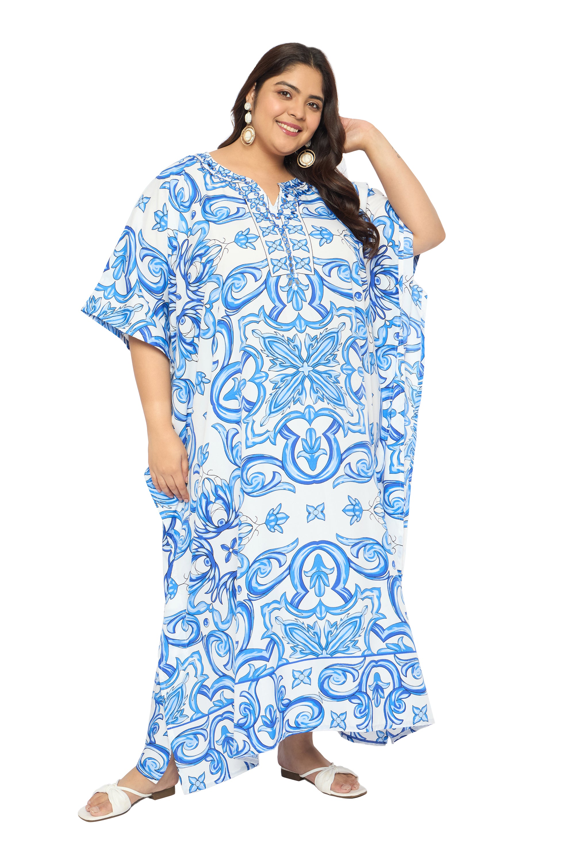 Porcelain White & Sky Blue Polyester Women Plus Size Kaftan Dress