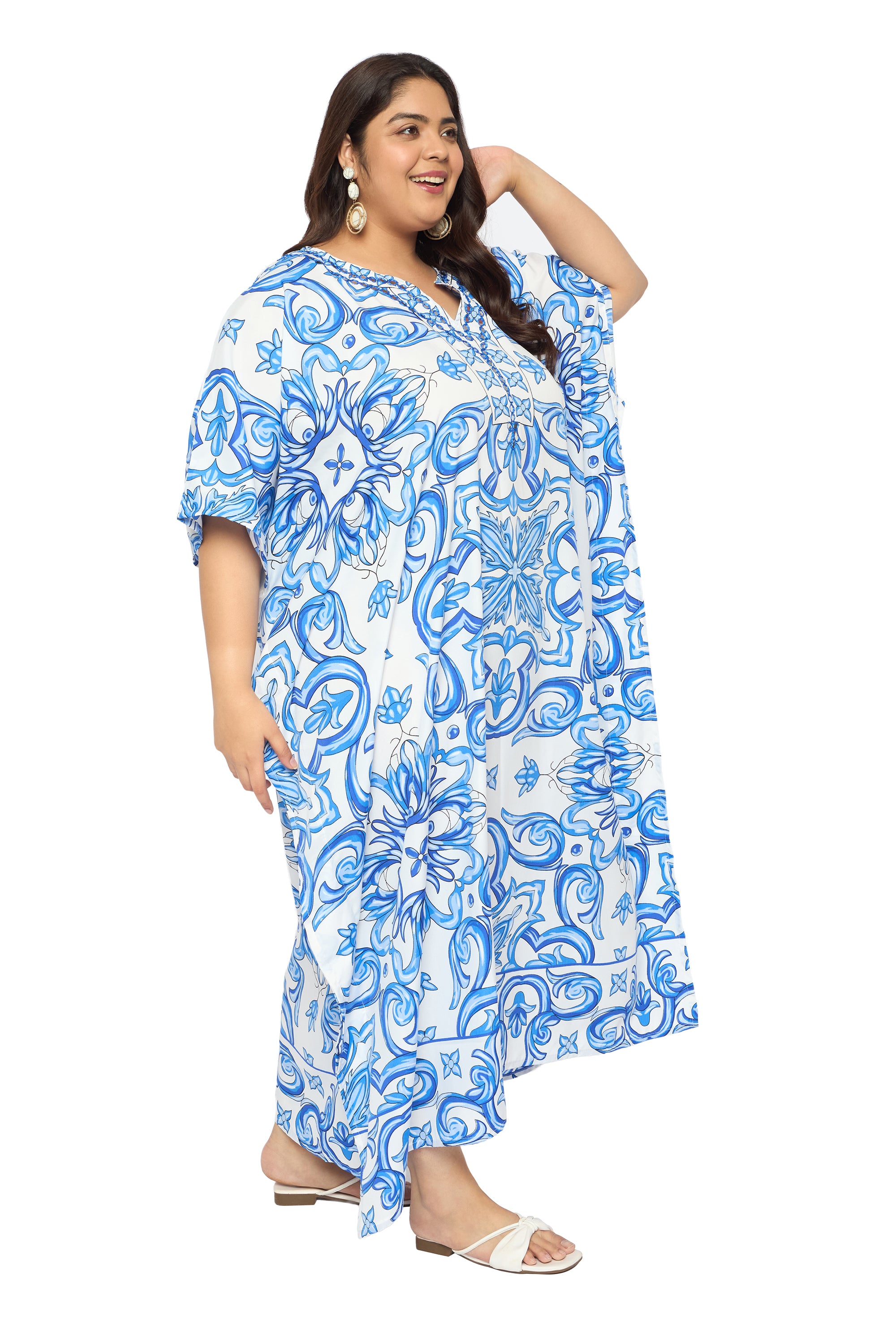 Porcelain White & Sky Blue Polyester Women Plus Size Kaftan Dress