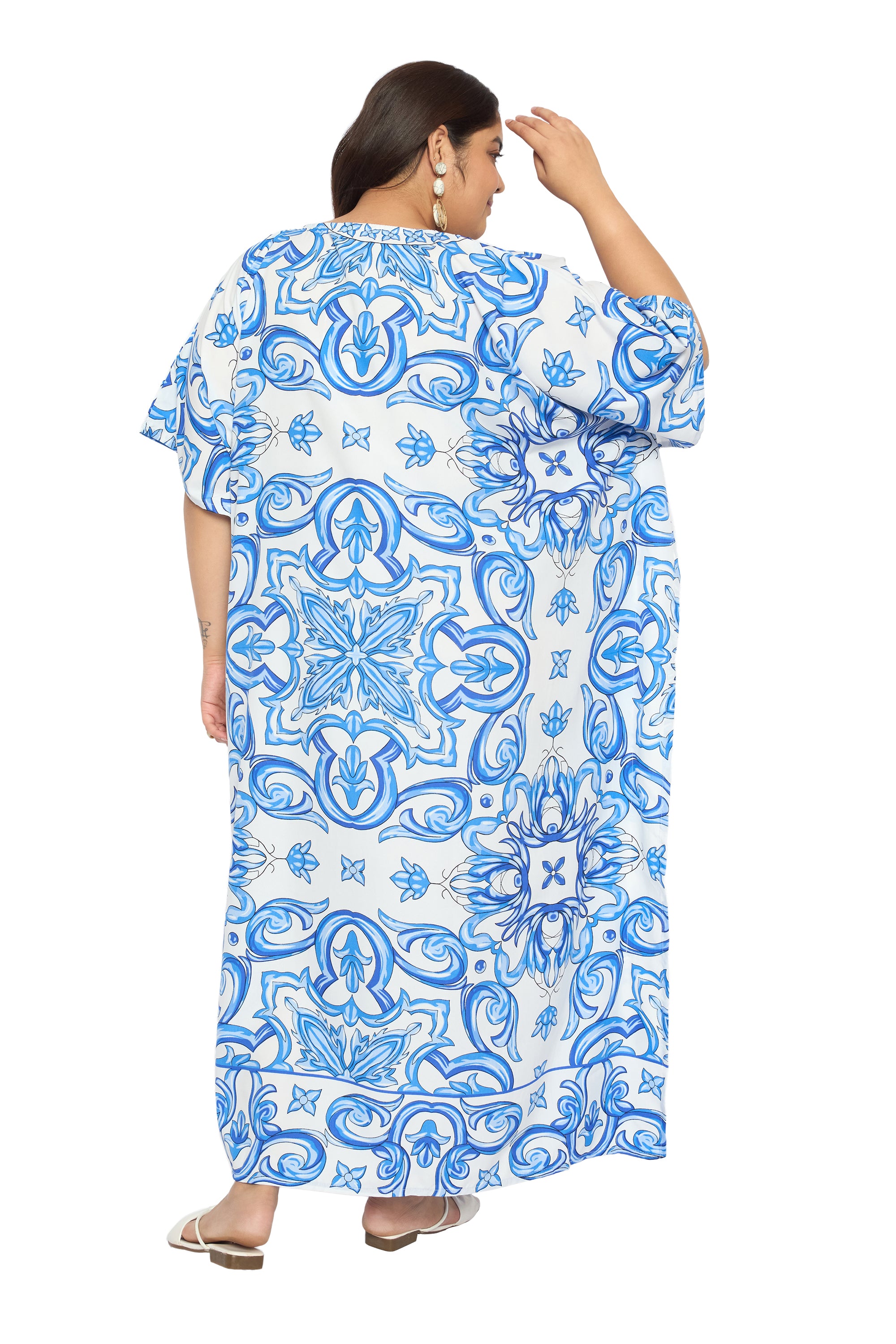 Porcelain White & Sky Blue Polyester Women Plus Size Kaftan Dress