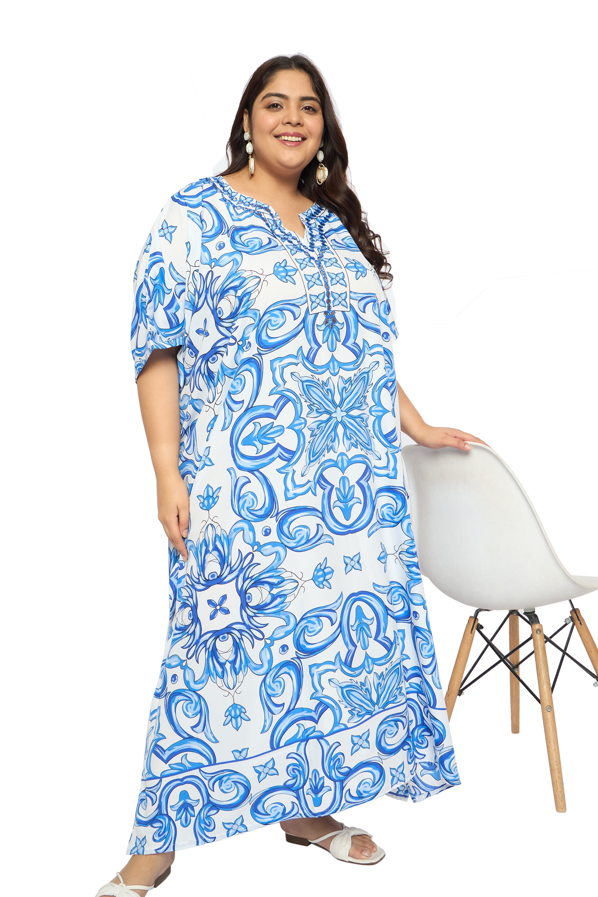 Porcelain White & Sky Blue Polyester Women Plus Size Kaftan Dress