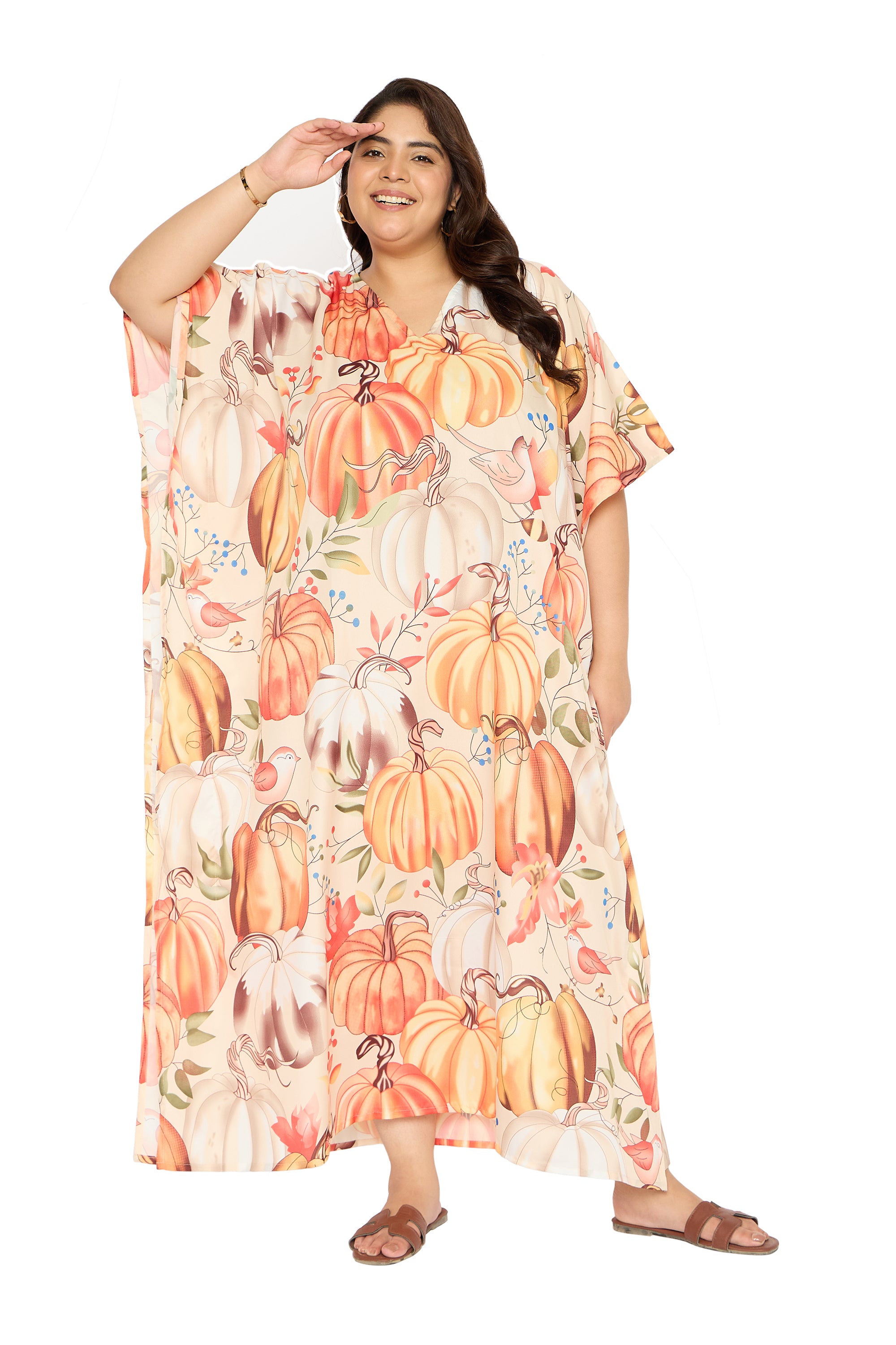 Pumpkin Multicolor Polyester Kaftan House Dress for Women