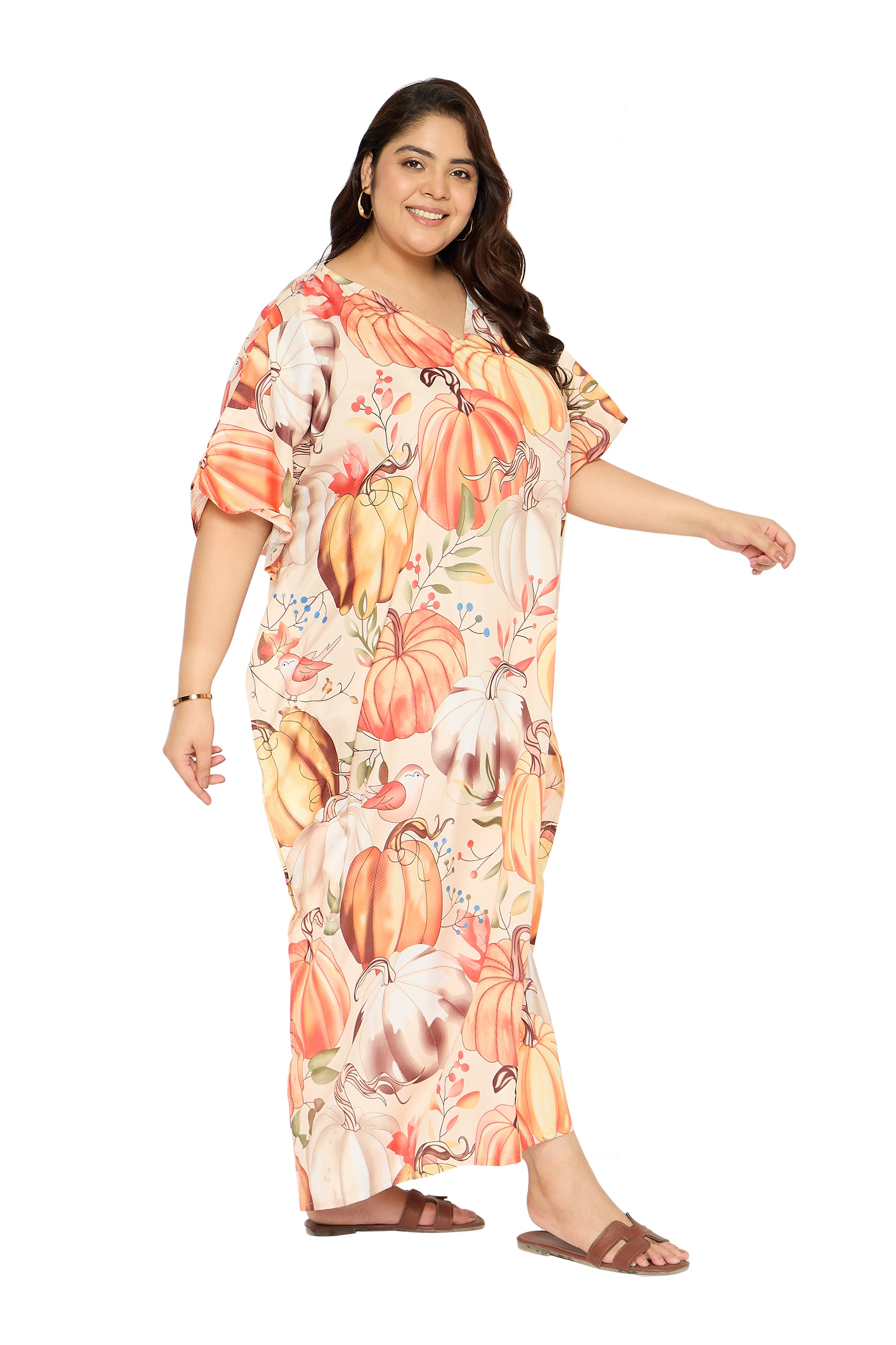 Pumpkin Multicolor Polyester Kaftan House Dress for Women