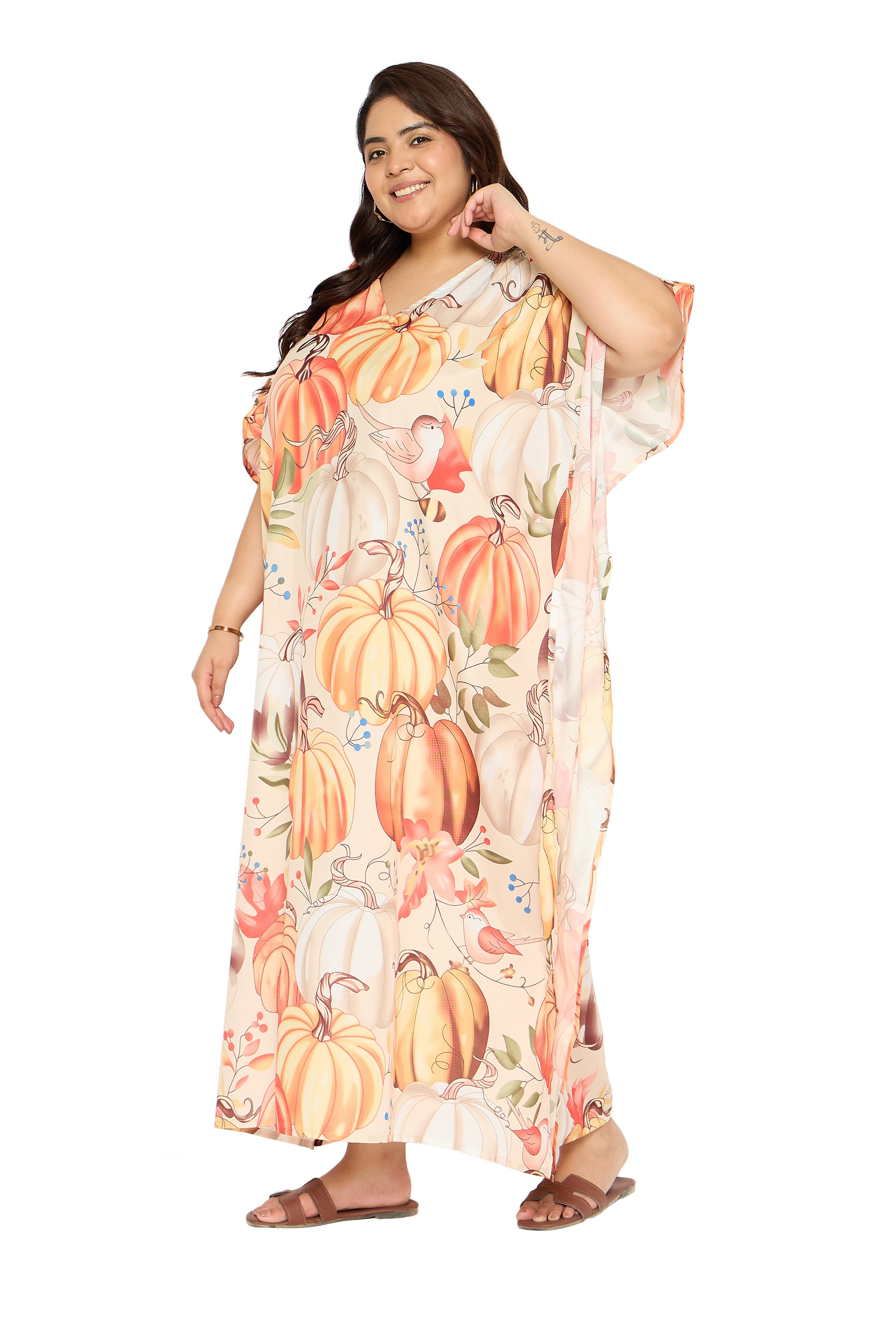 Pumpkin Multicolor Polyester Kaftan House Dress for Women