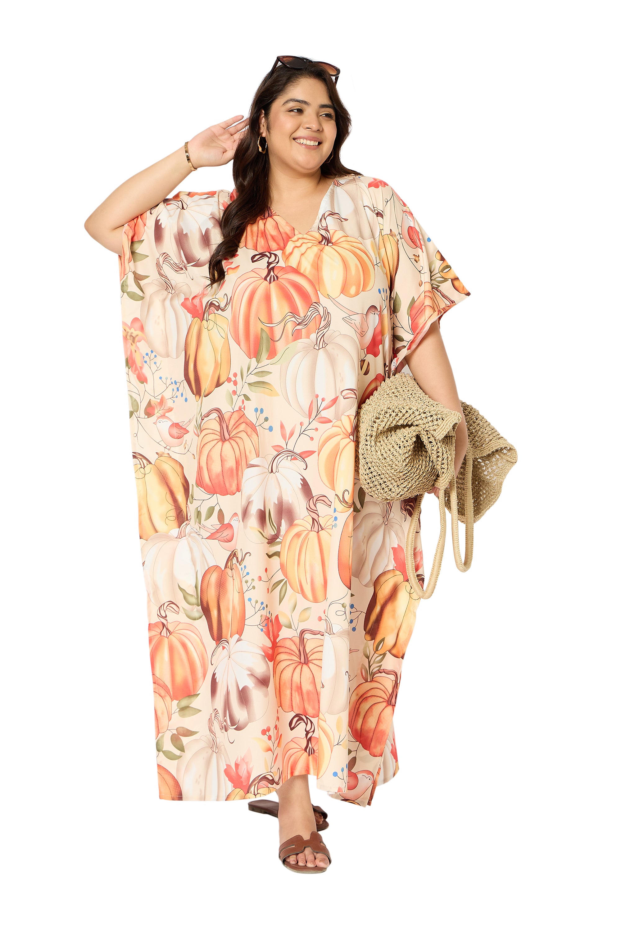 Pumpkin Multicolor Polyester Kaftan House Dress for Women