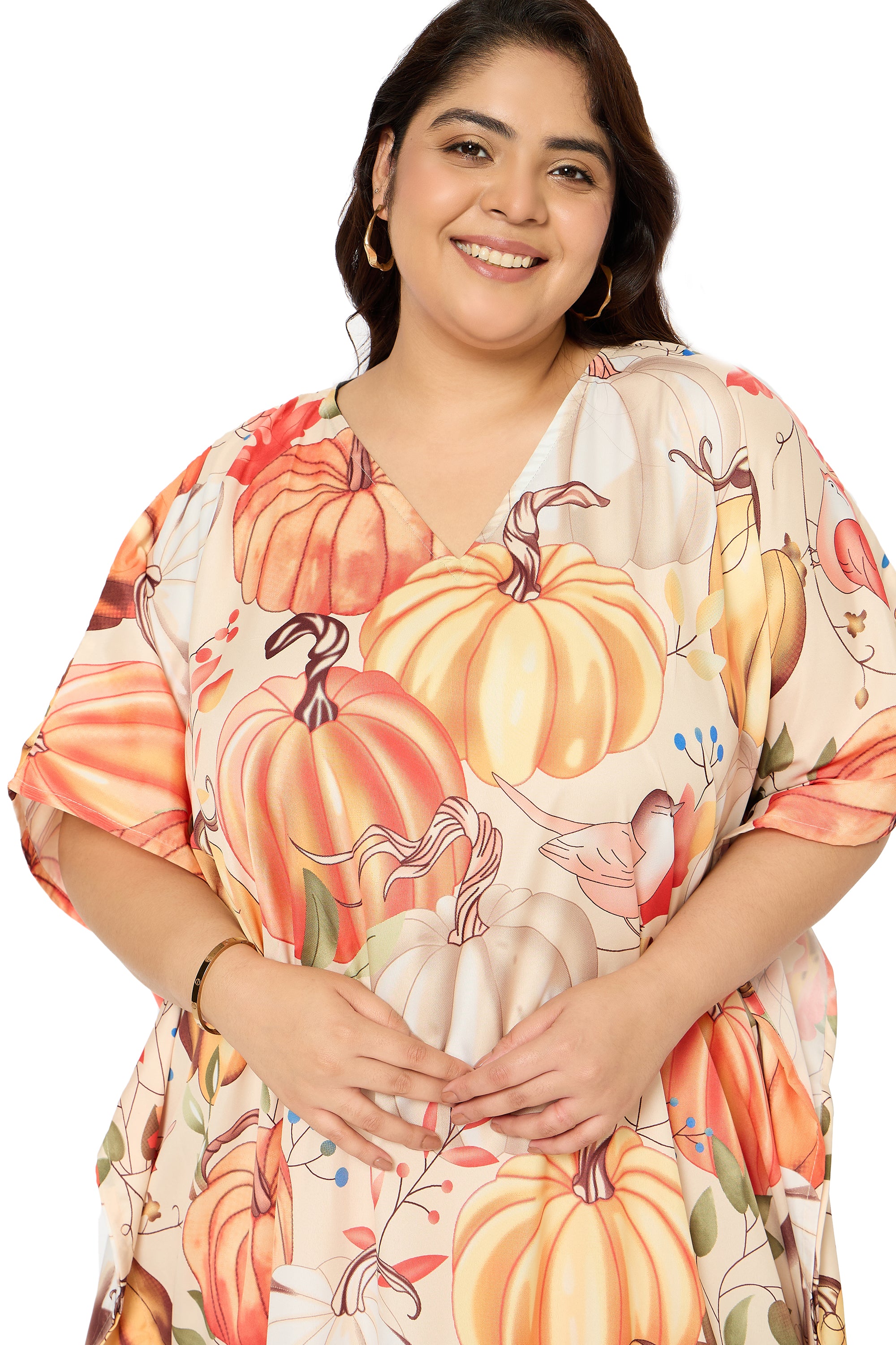 Pumpkin Multicolor Polyester Kaftan House Dress for Women