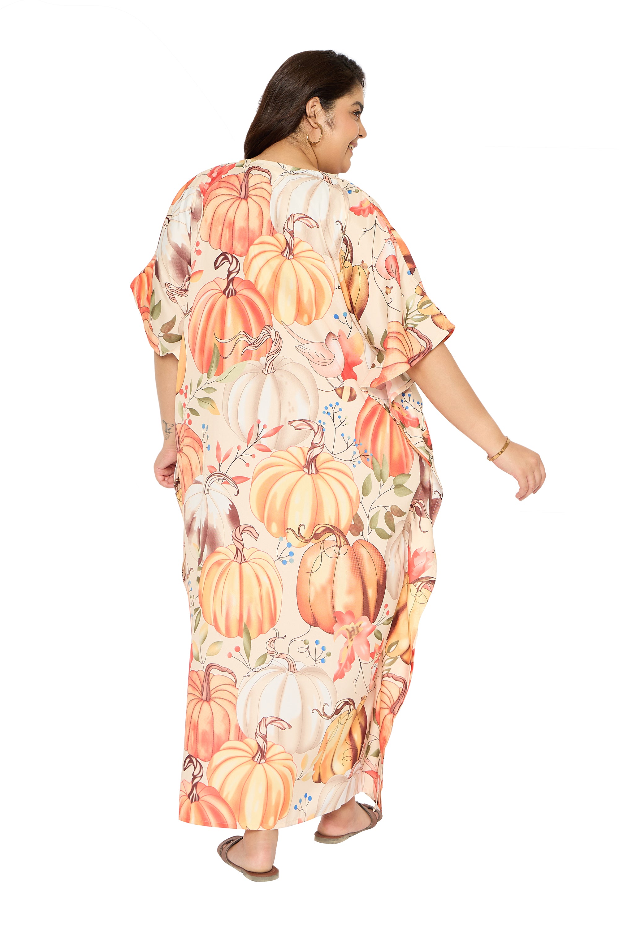 Pumpkin Multicolor Polyester Kaftan House Dress for Women