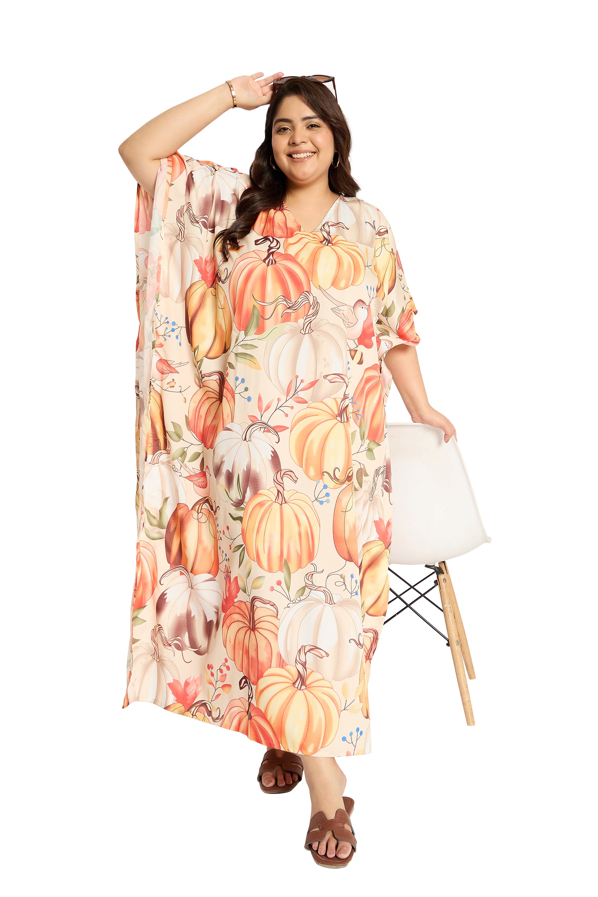 Pumpkin Multicolor Polyester Kaftan House Dress for Women