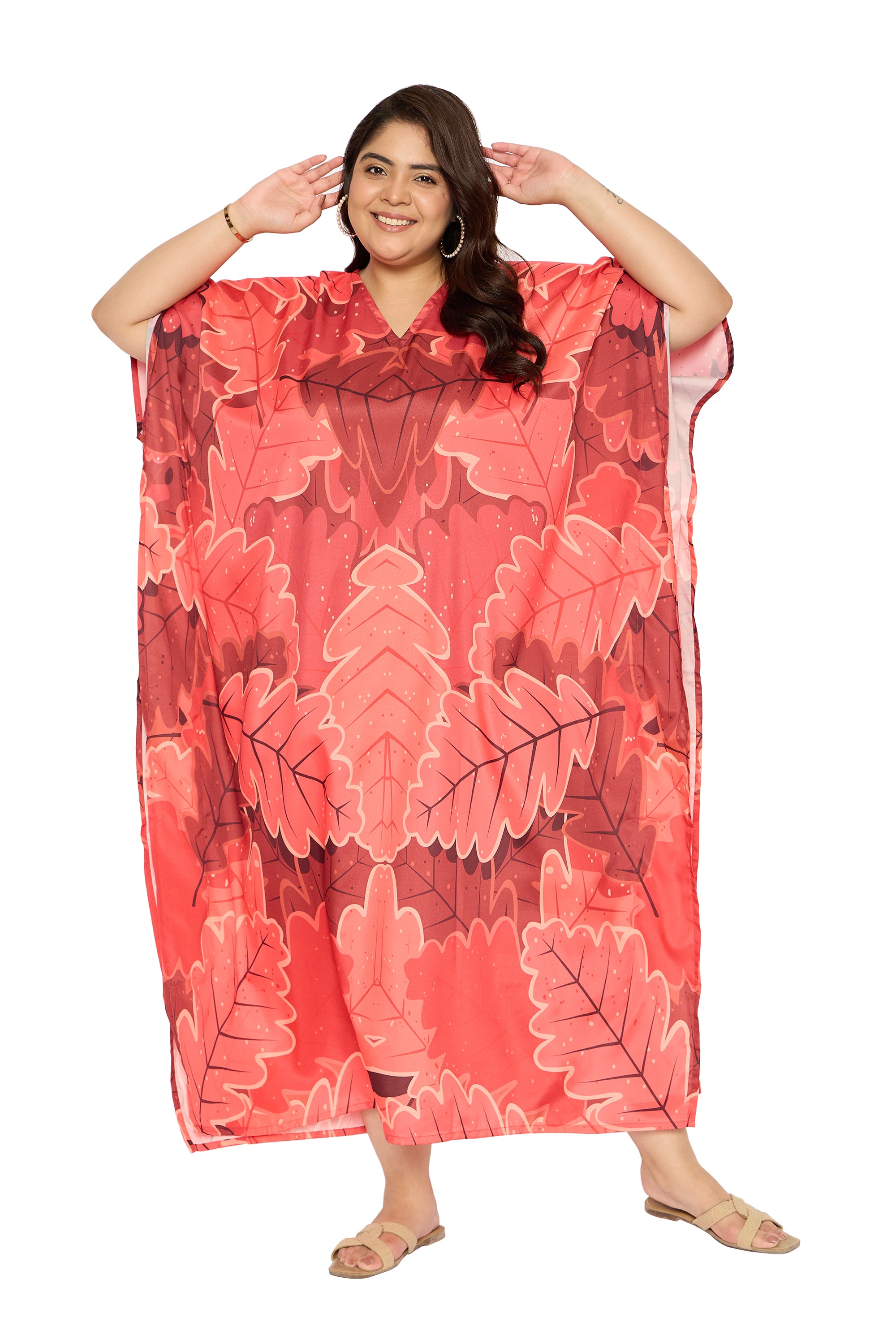 Leaf Watermelon Polyester Plus Size Caftan House Dress for Women