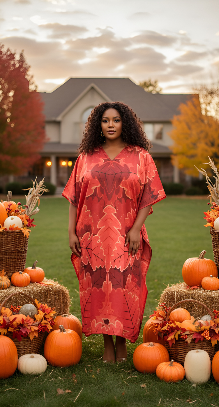 Leaf Coral Red Polyester Plus Size Caftan House Dress for Women