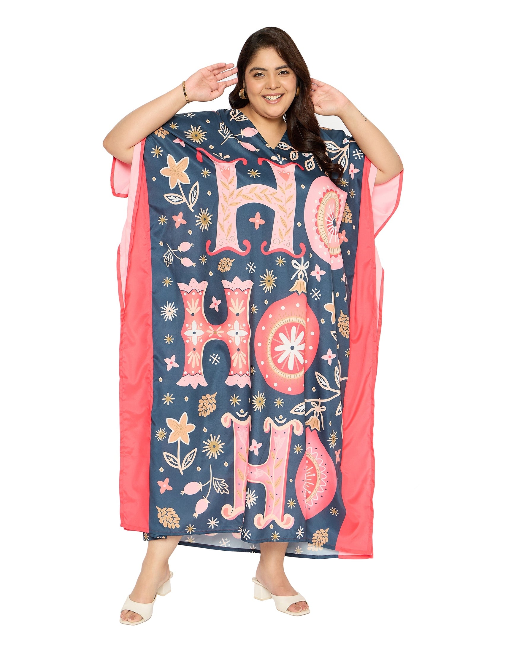 Alphabet Navy Blue Polyester Plus Size Kaftan for Women