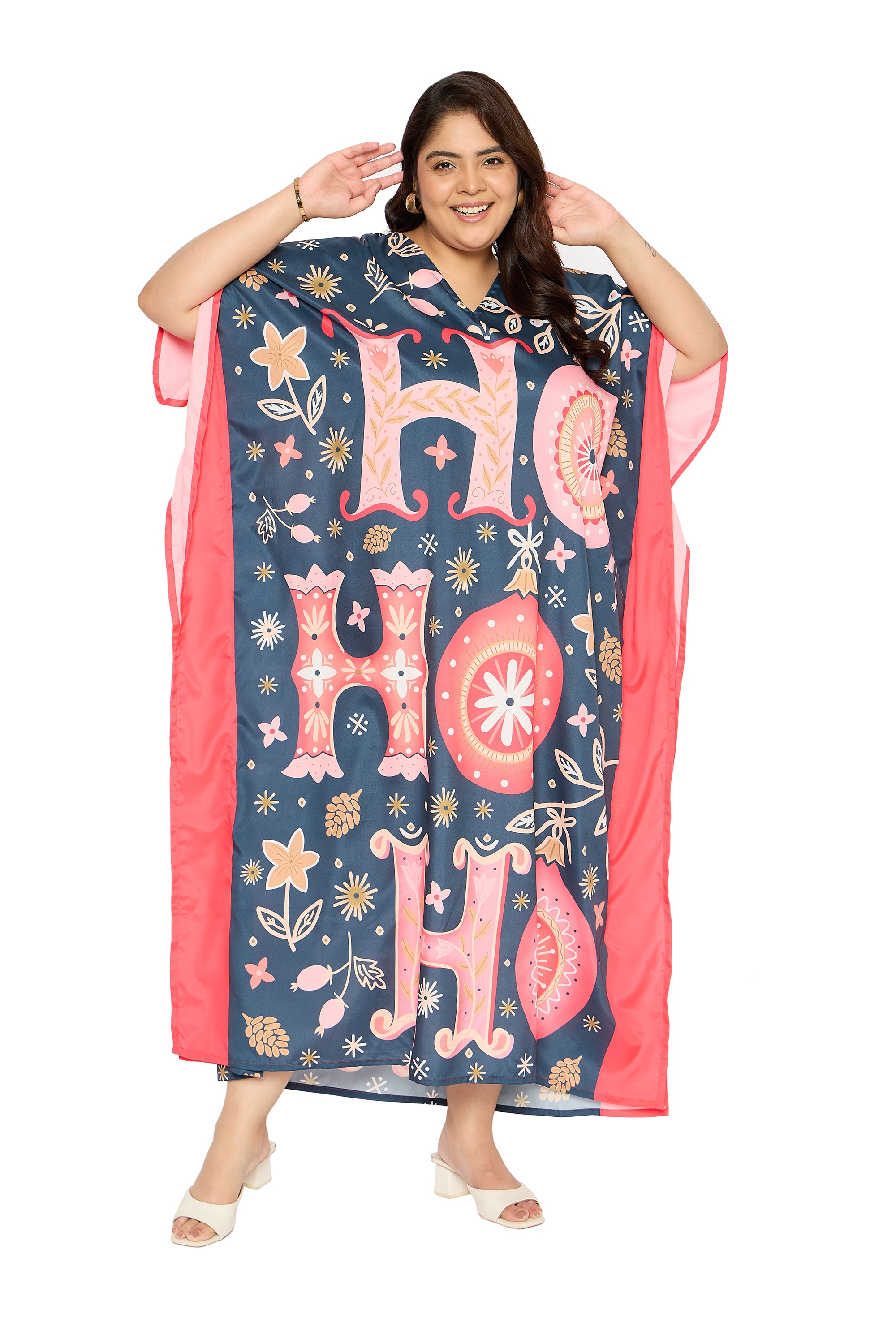 Alphabet Navy Blue Polyester Plus Size Kaftan for Women