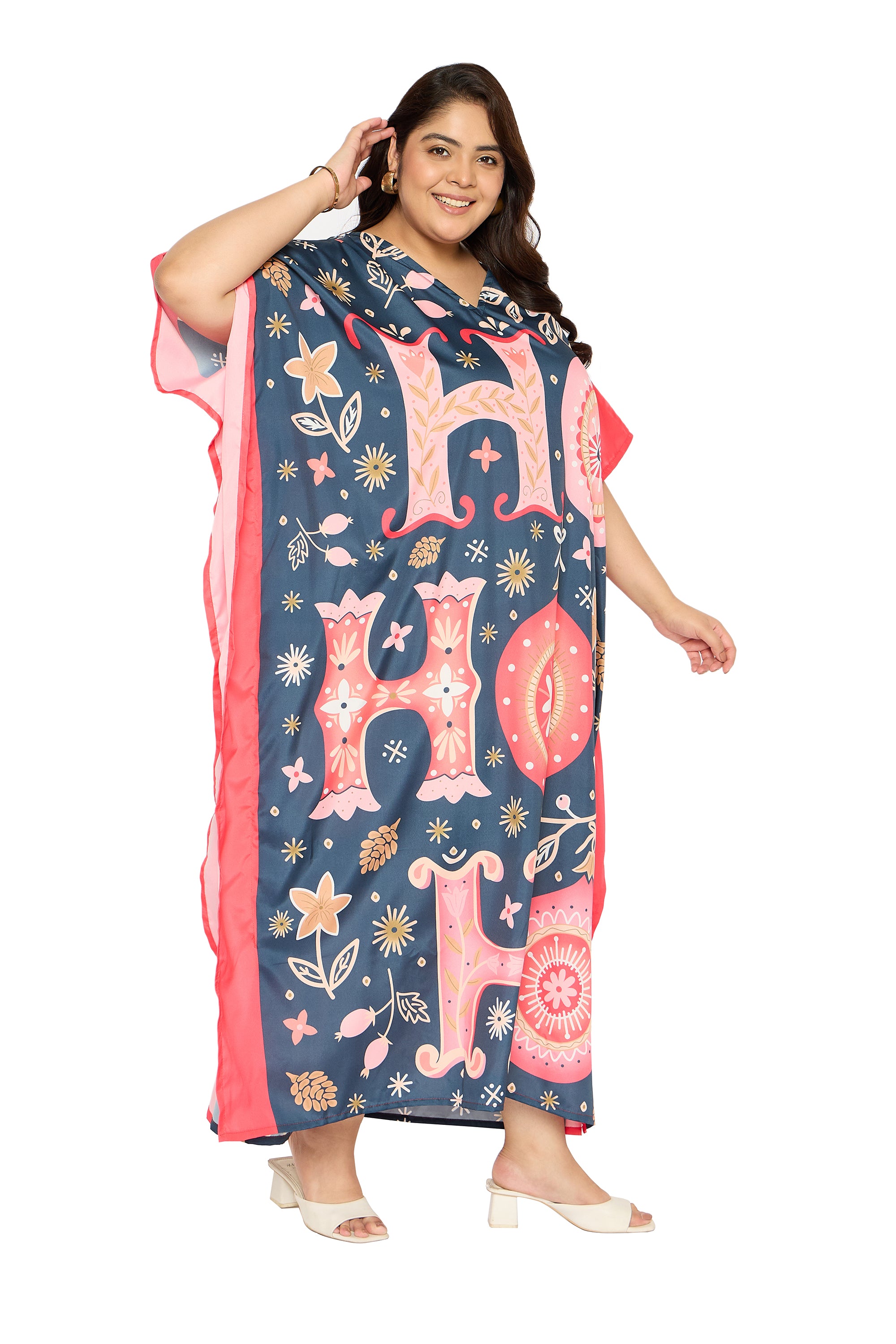 Alphabet Navy Blue Polyester Plus Size Kaftan for Women