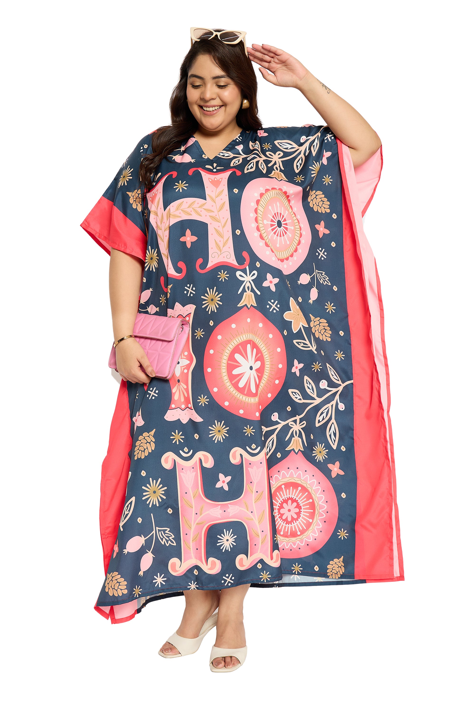 Alphabet Navy Blue Polyester Plus Size Kaftan for Women