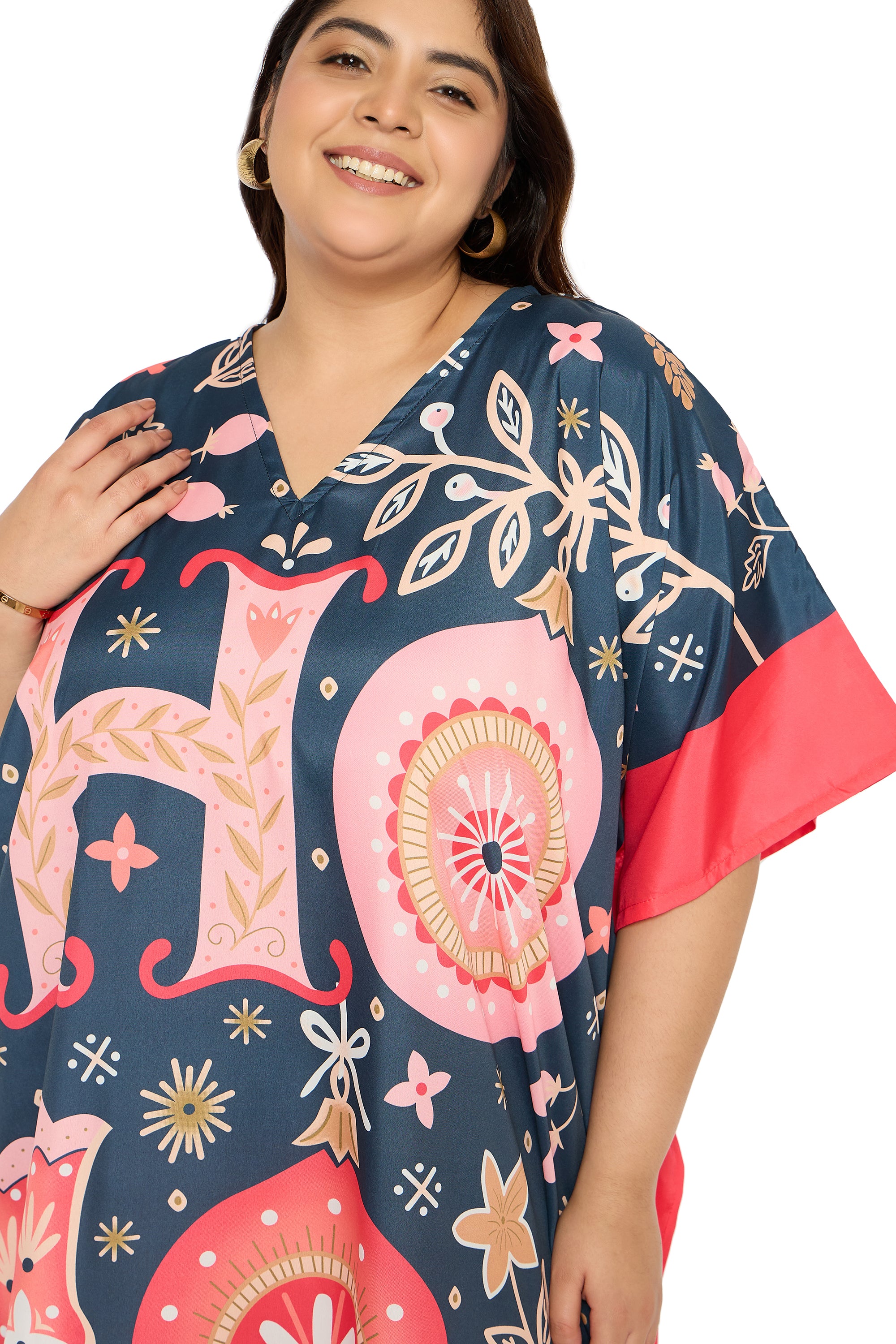 Alphabet Navy Blue Polyester Plus Size Kaftan for Women