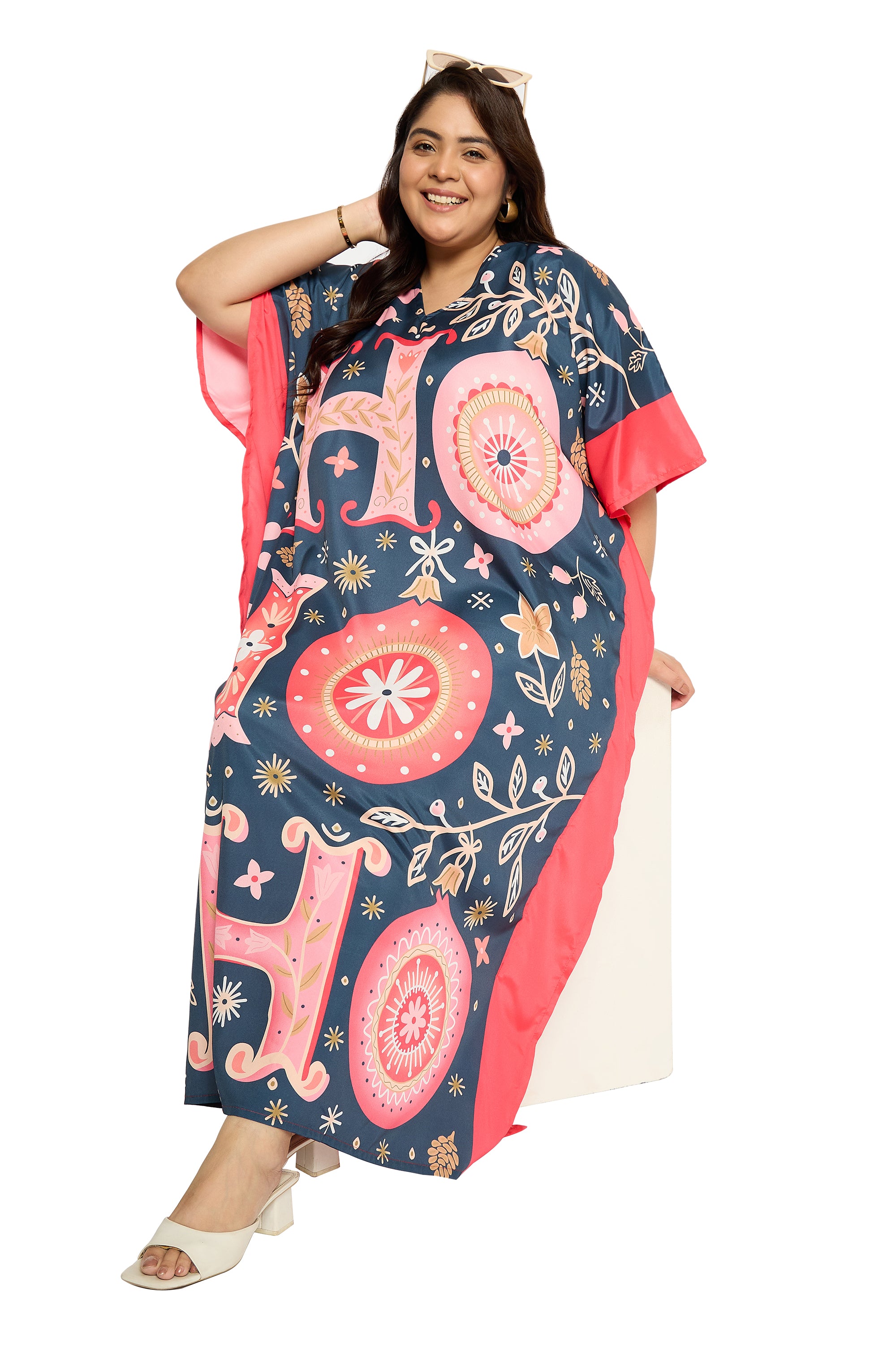 Alphabet Navy Blue Polyester Plus Size Kaftan for Women