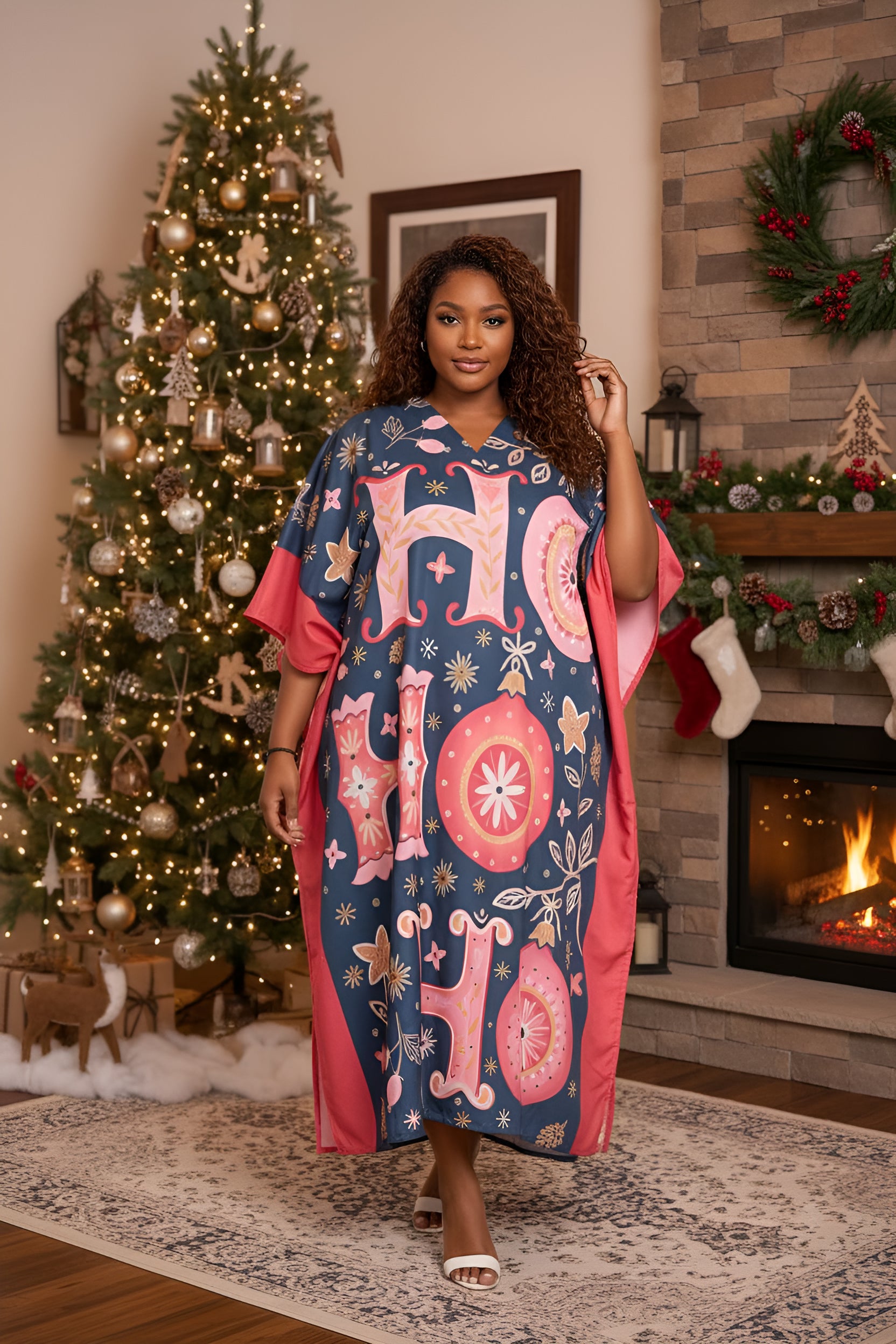 Alphabet Navy Blue Polyester Plus Size Kaftan for Women