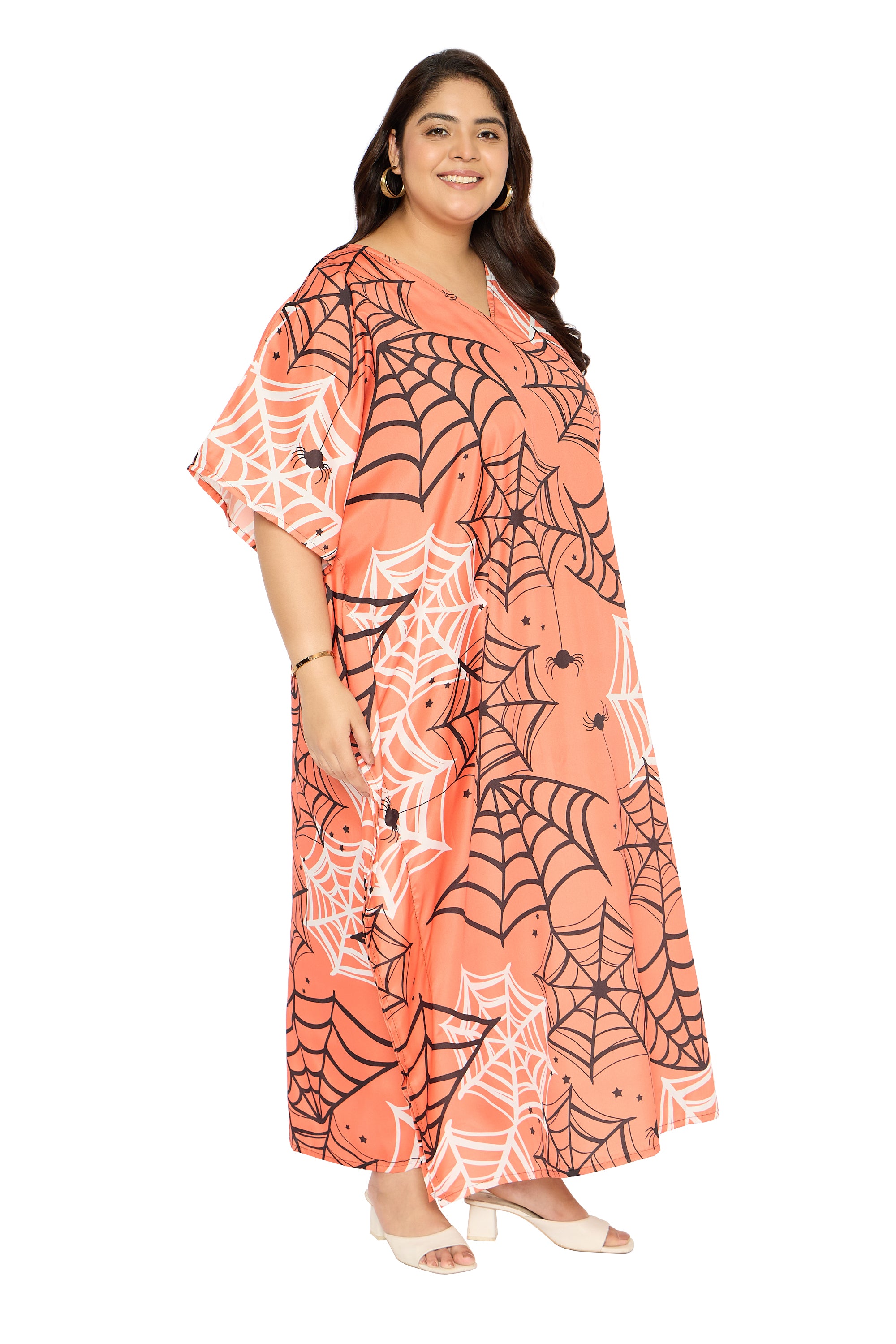 Spider Web Melon Polyester Plus Size V Neck Kaftan for Women