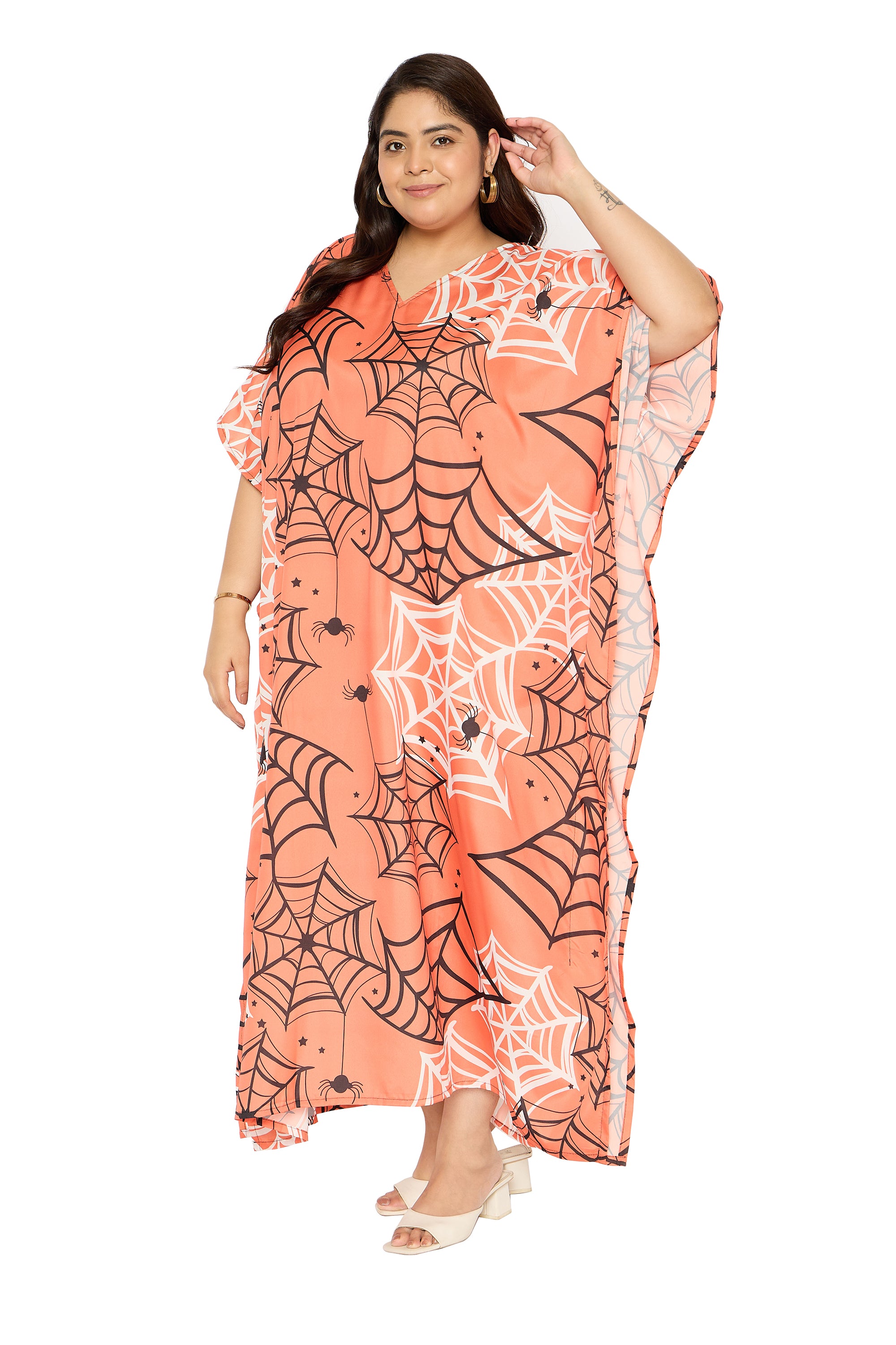 Spider Web Melon Polyester Plus Size V Neck Kaftan for Women