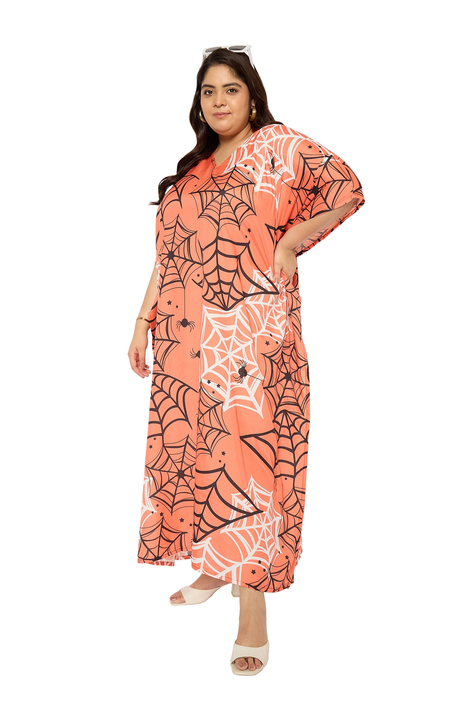 Spider Web Melon Polyester Plus Size V Neck Kaftan for Women