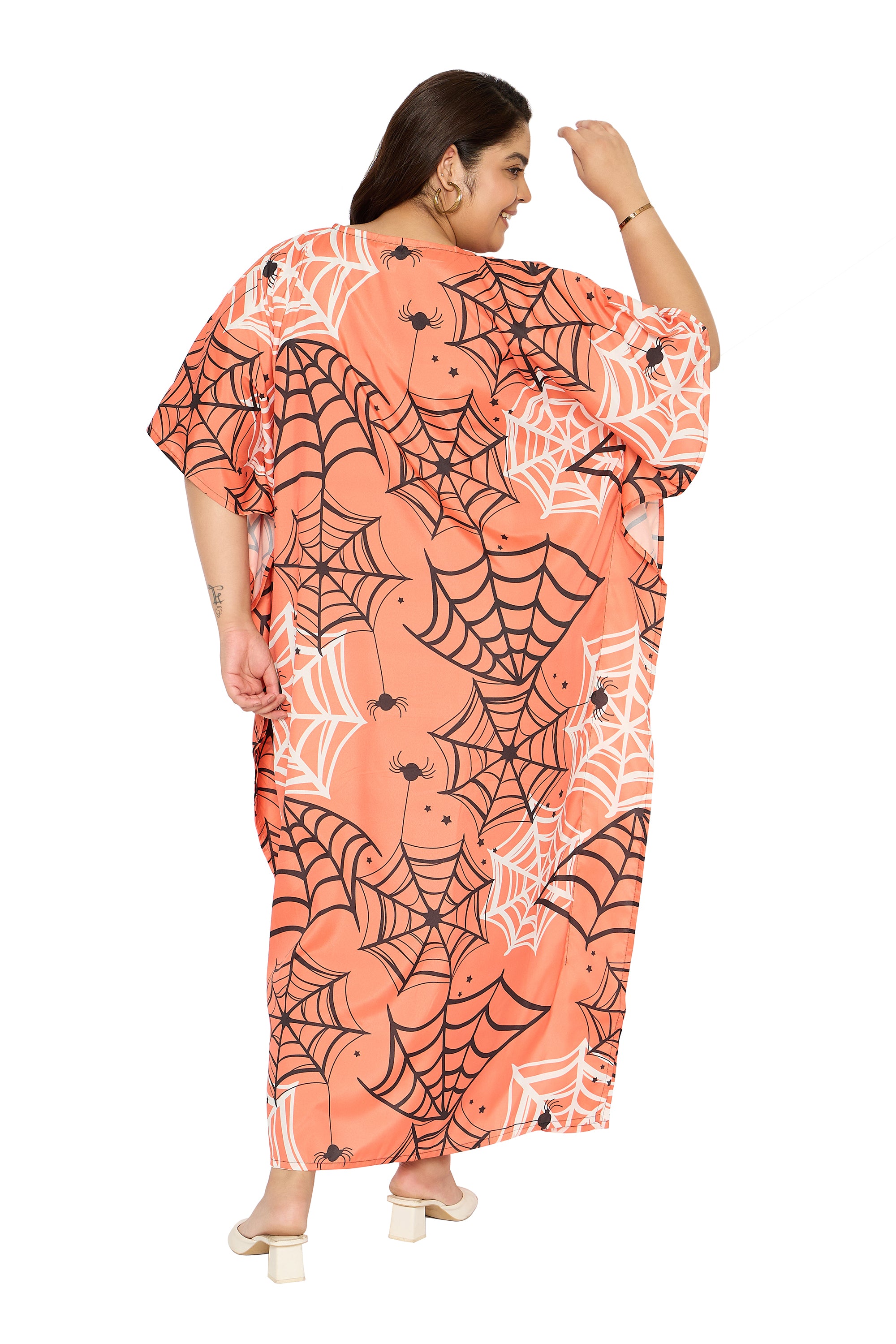 Spider Web Melon Polyester Plus Size V Neck Kaftan for Women