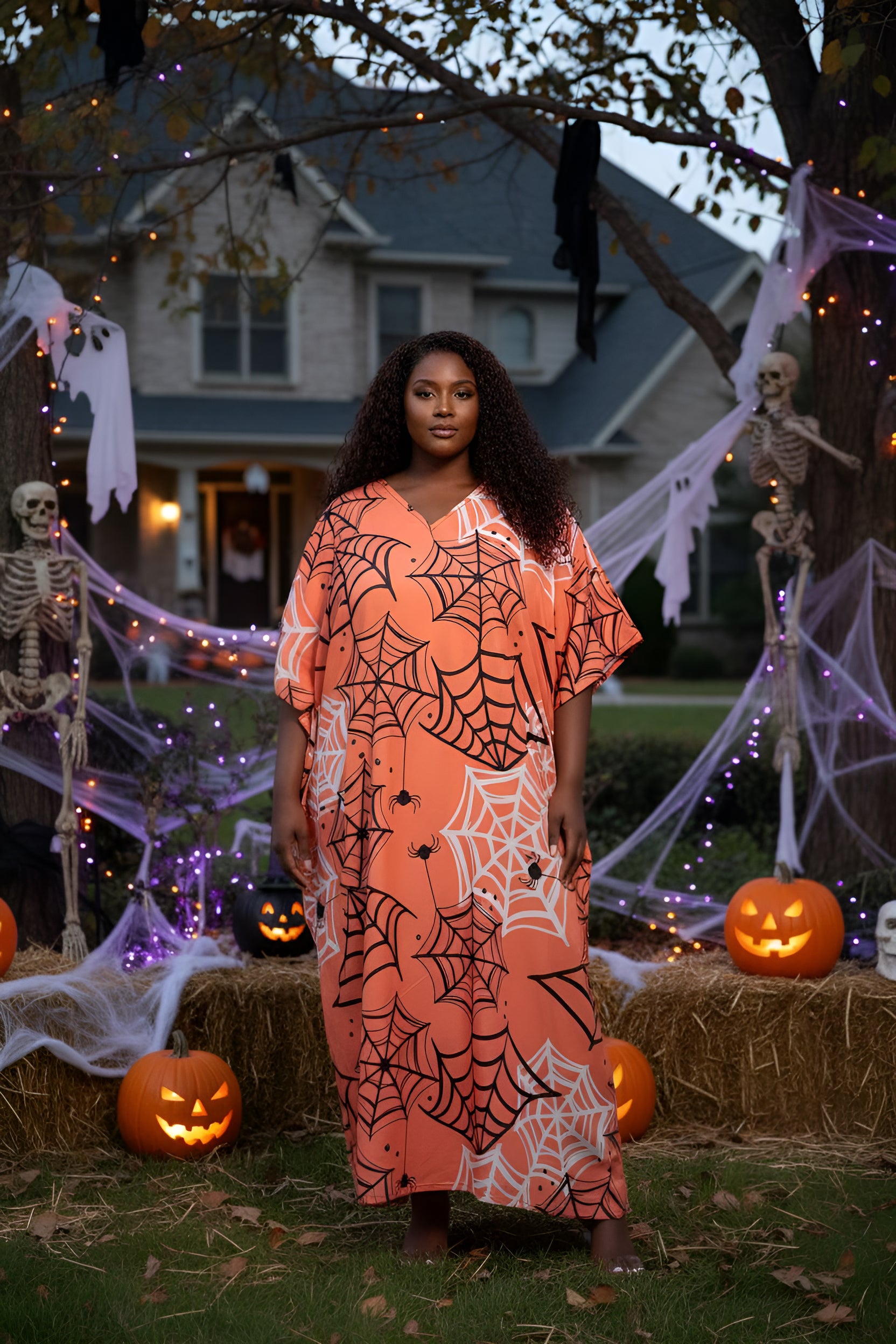 Spider Web Polyester Plus Size V Neck Kaftan for Women