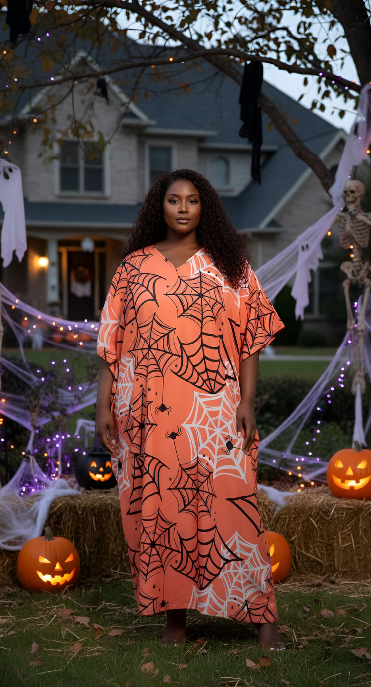 Spider Web Polyester Plus Size V Neck Kaftan for Women