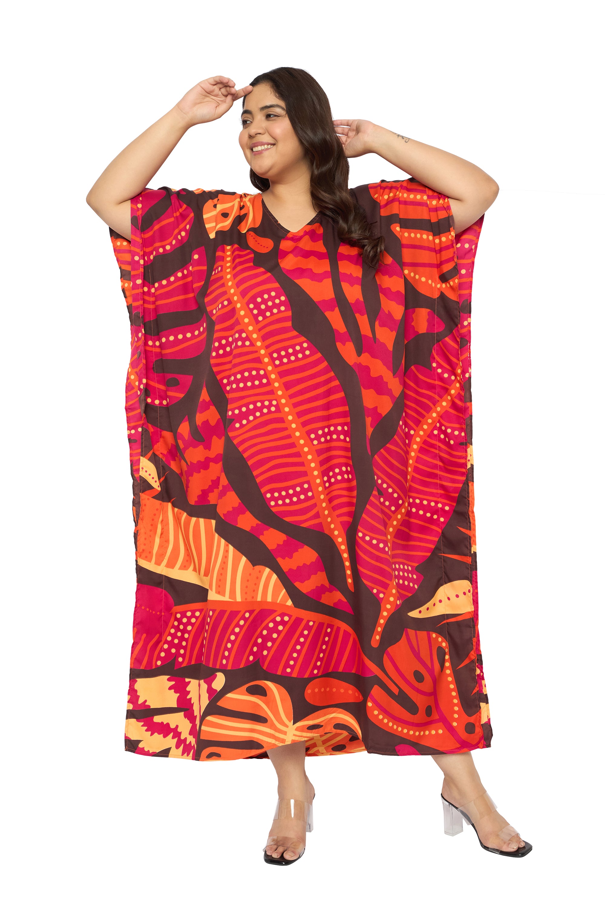 Leaf Multicolor Polyester Plus Size Loungewear Kaftan for Women