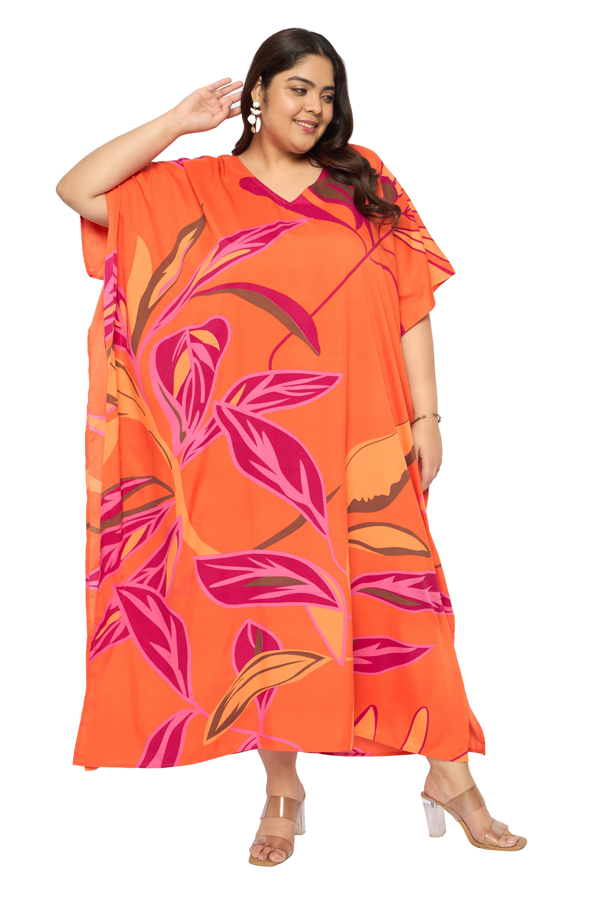 Leaf Dusty Orange Polyester Plus Size Caftan Beach Dress for Women