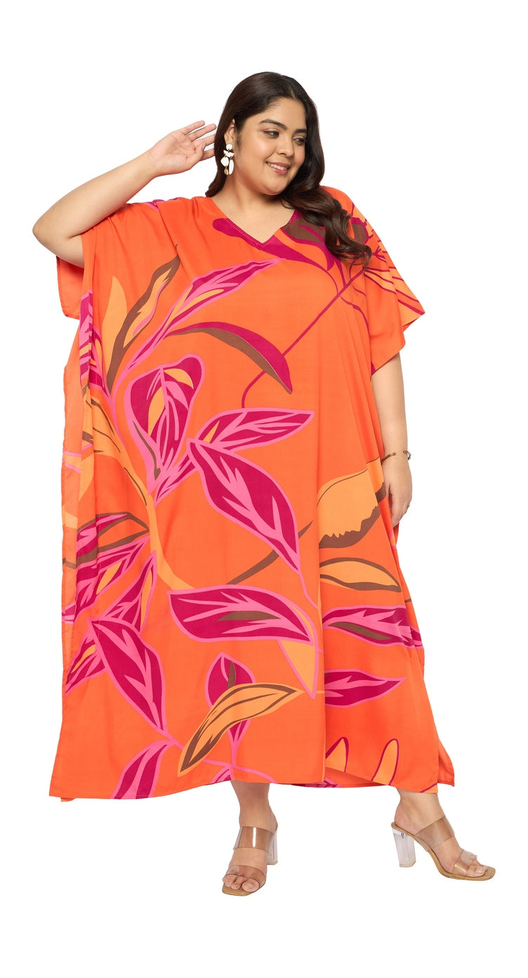 Orange Leaf Polyester Women Plus Size Kaftan Casual Dress - SKU SG152-9040 - Gypsie Blu