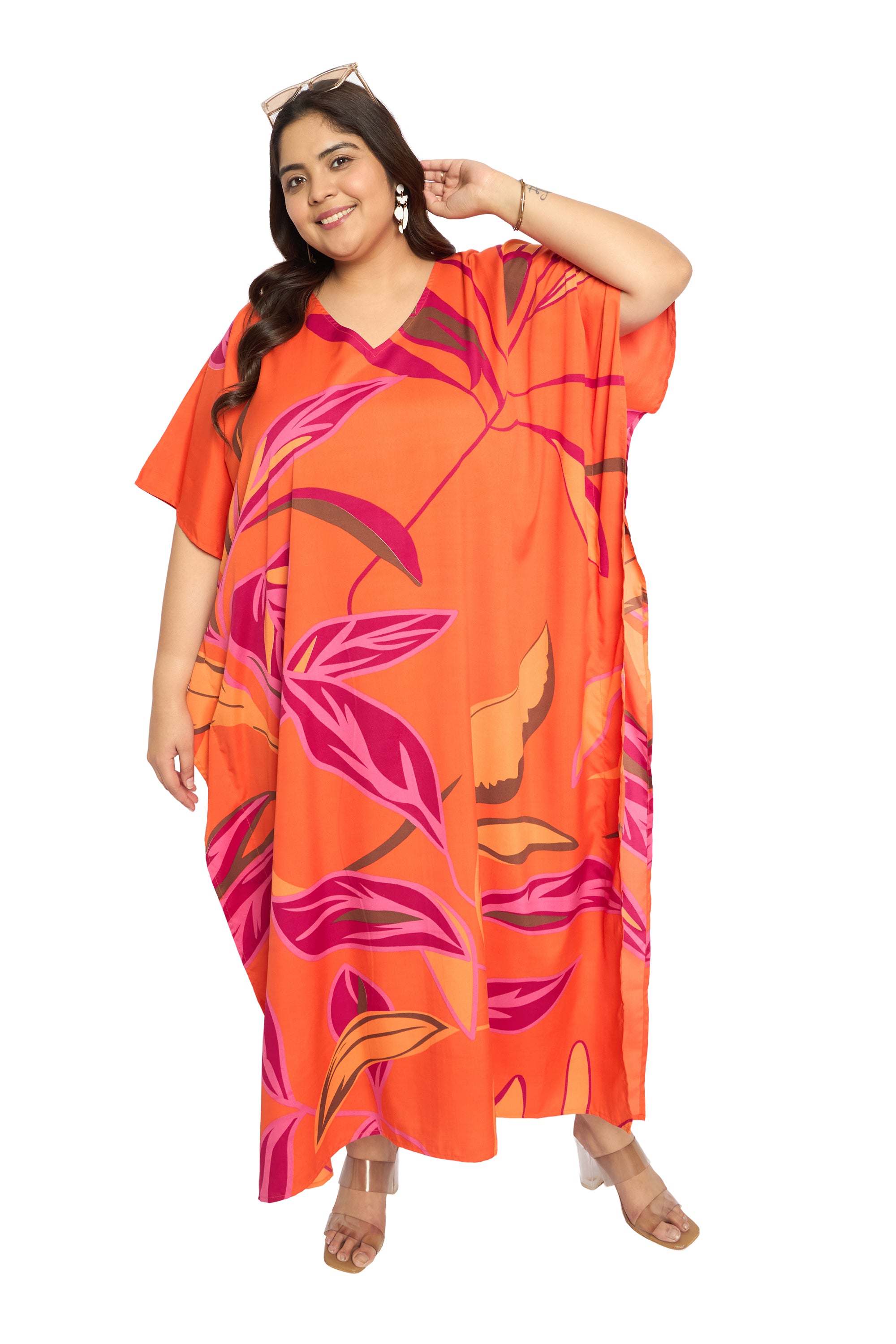 Leaf Dusty Orange Polyester Plus Size Caftan Beach Dress for Women