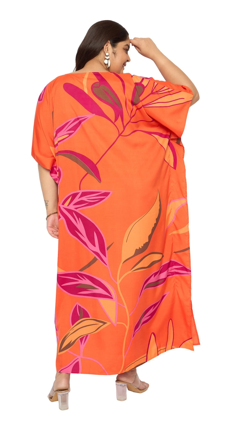 Orange Leaf Polyester Women Plus Size Kaftan Casual Dress - SKU SG152-9040 - Gypsie Blu