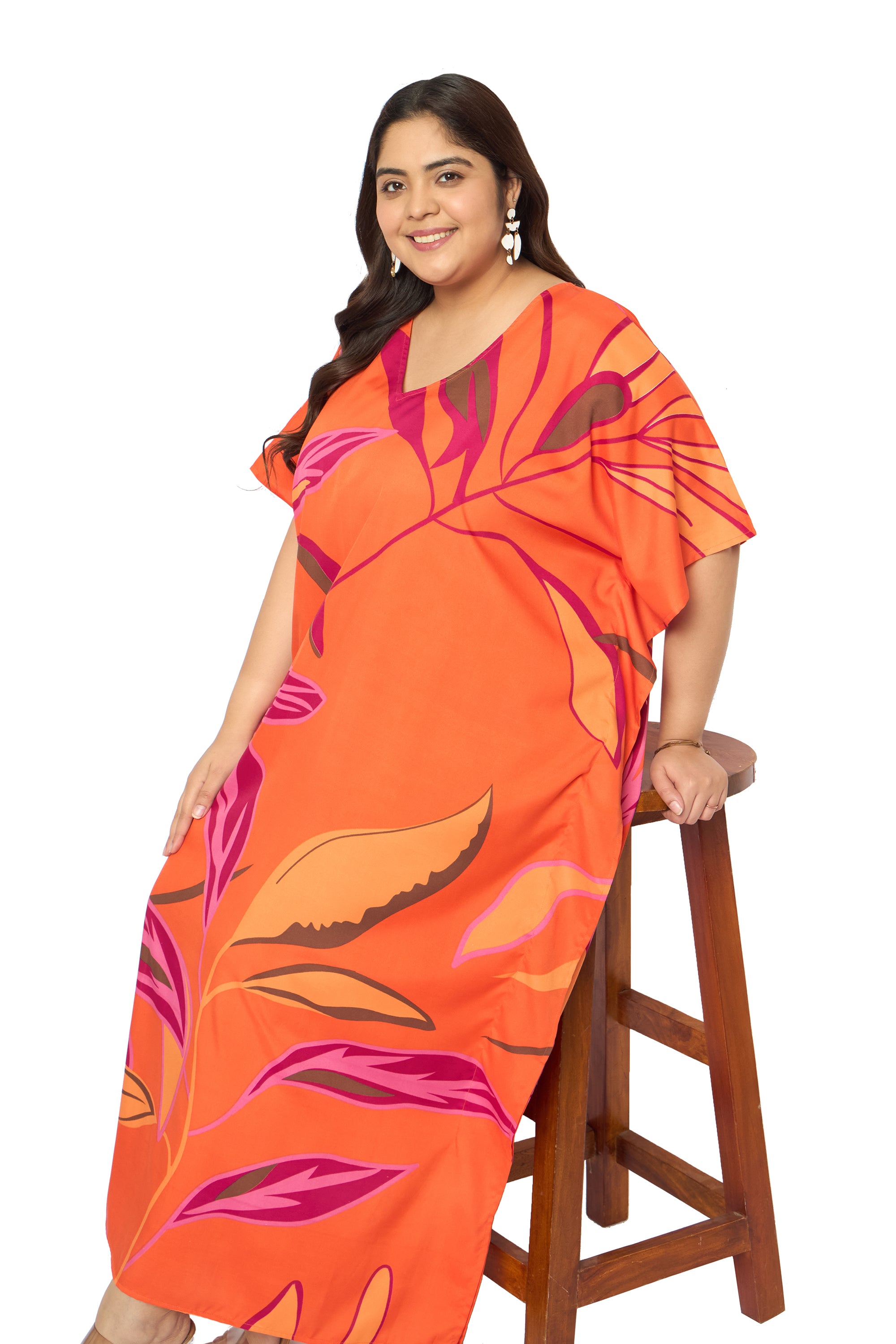 Leaf Dusty Orange Polyester Plus Size Caftan Beach Dress for Women