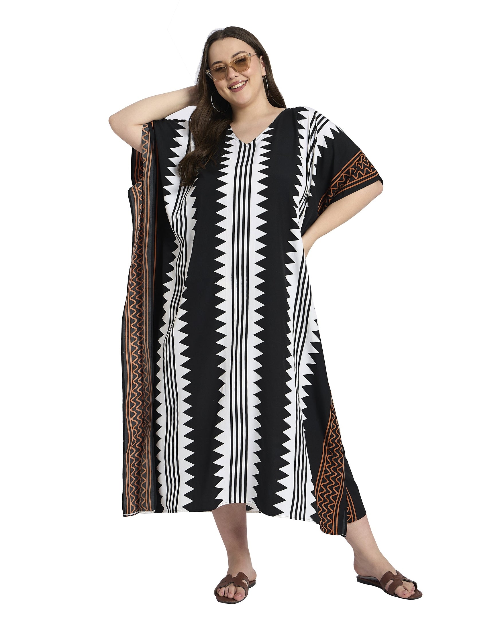Striped Polyester Women Plus Size Caftan Dress for Beach Poolside