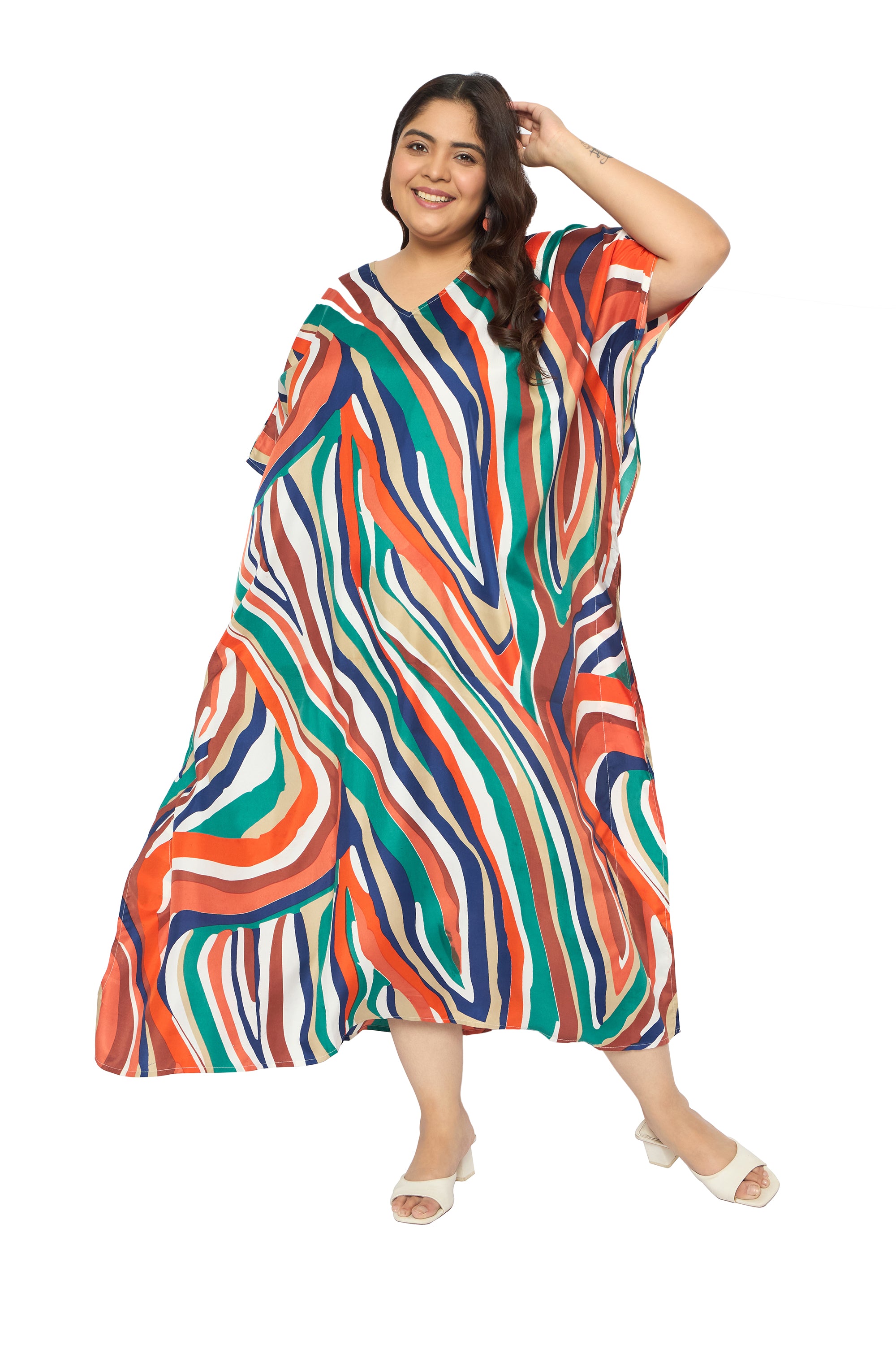 Abstract Multicolor Polyester Caftan Dress for Women