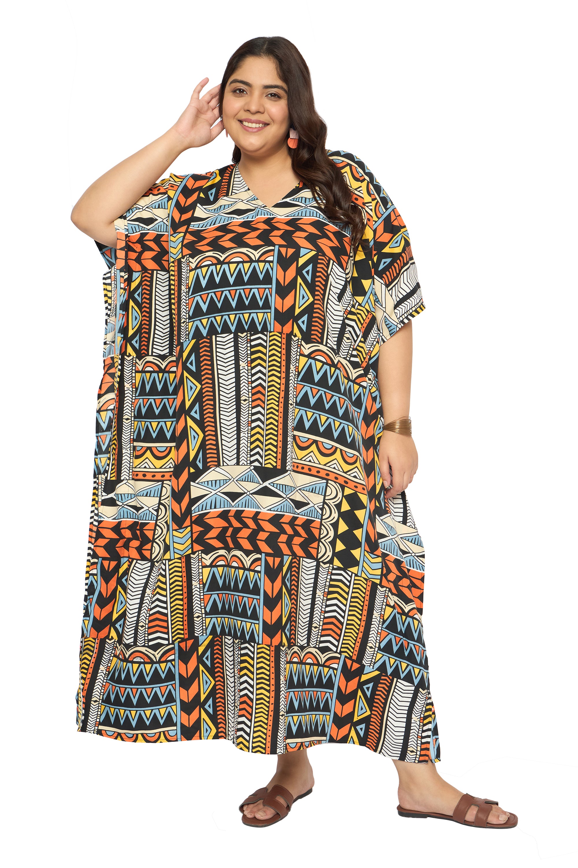 Geometric Multicolor Polyester Loungewear Kaftan for Women