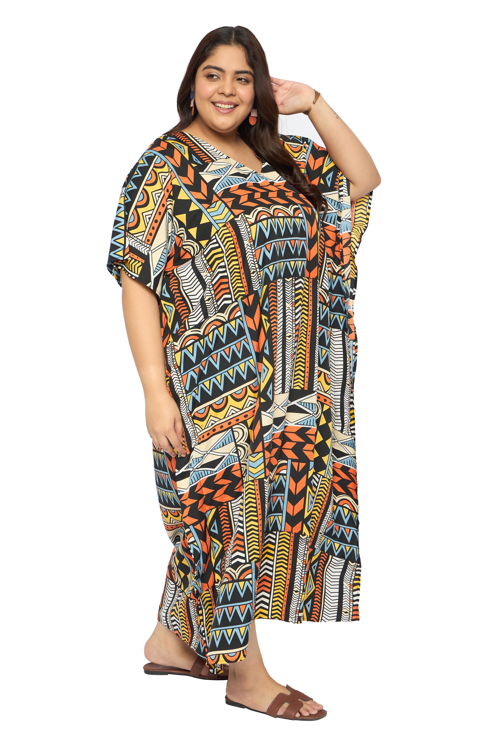 Geometric Multicolor Polyester Loungewear Kaftan for Women