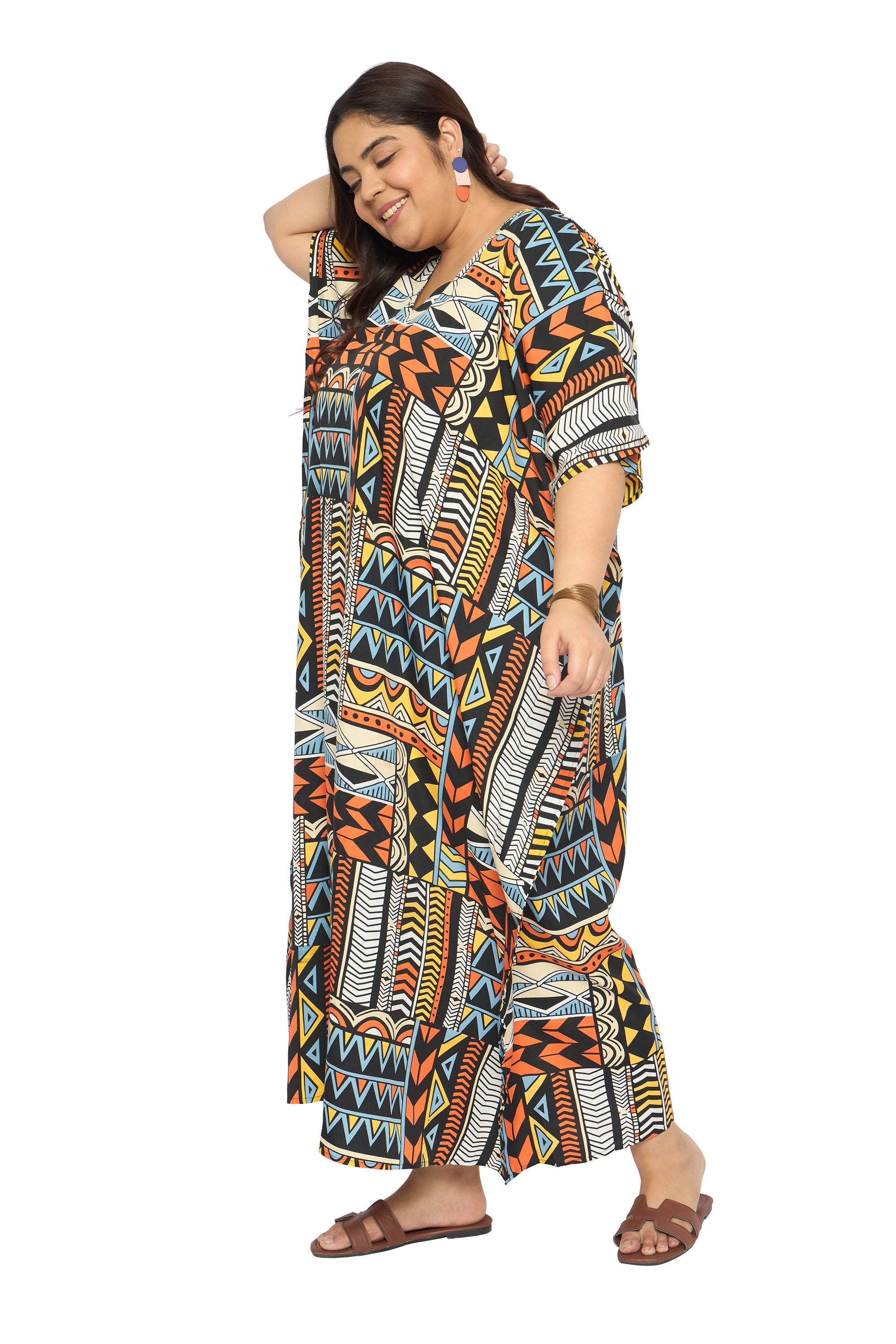 Geometric Multicolor Polyester Loungewear Kaftan for Women